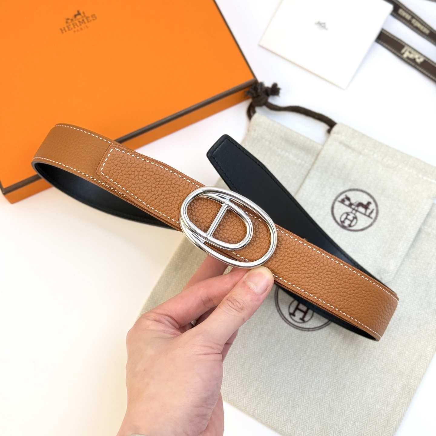 Hermès Odyssée Reversible Leather Belt 32mm - Silver Buckle