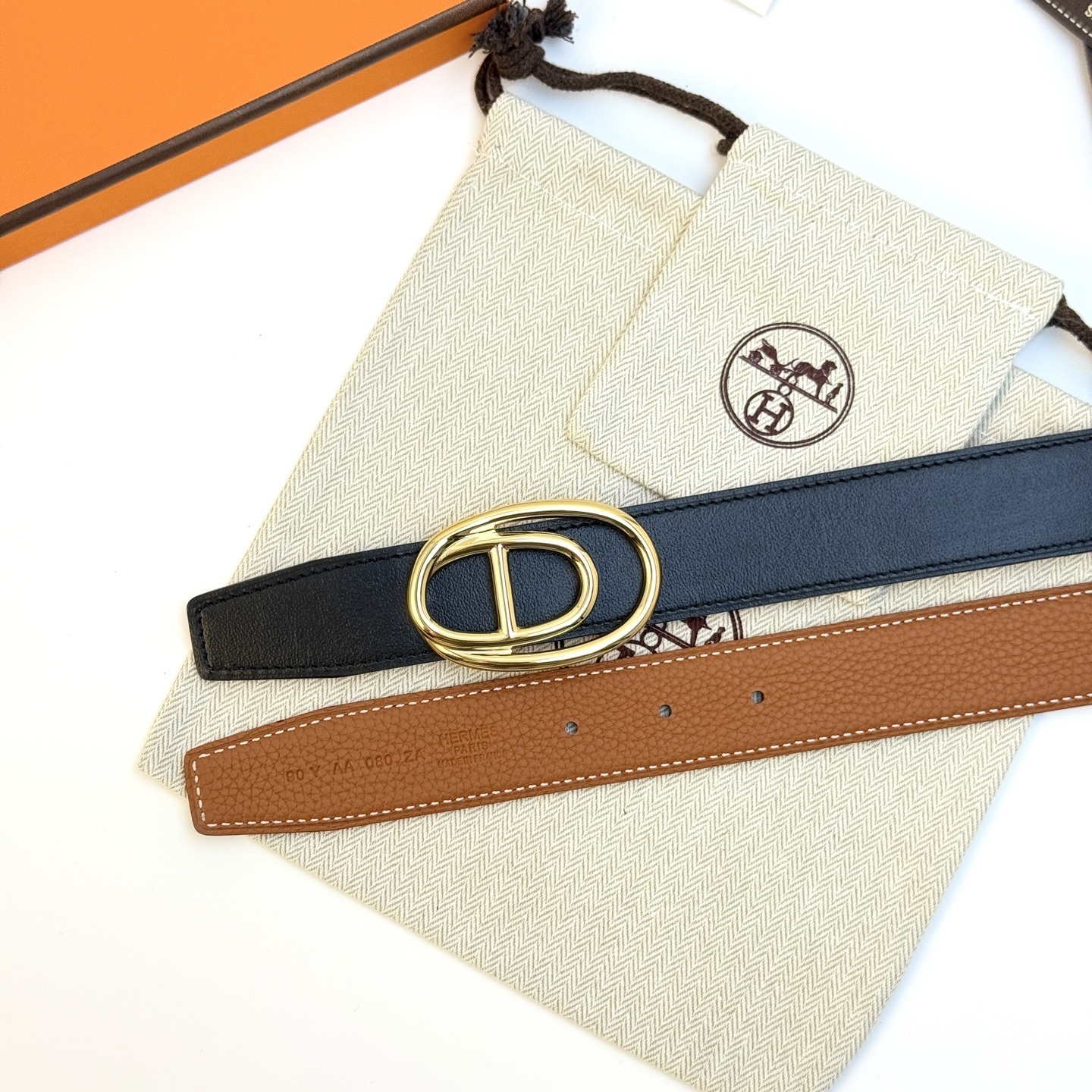 Hermès 32mm Odyssée Reversible Leather Belt with Permabrass Buckle