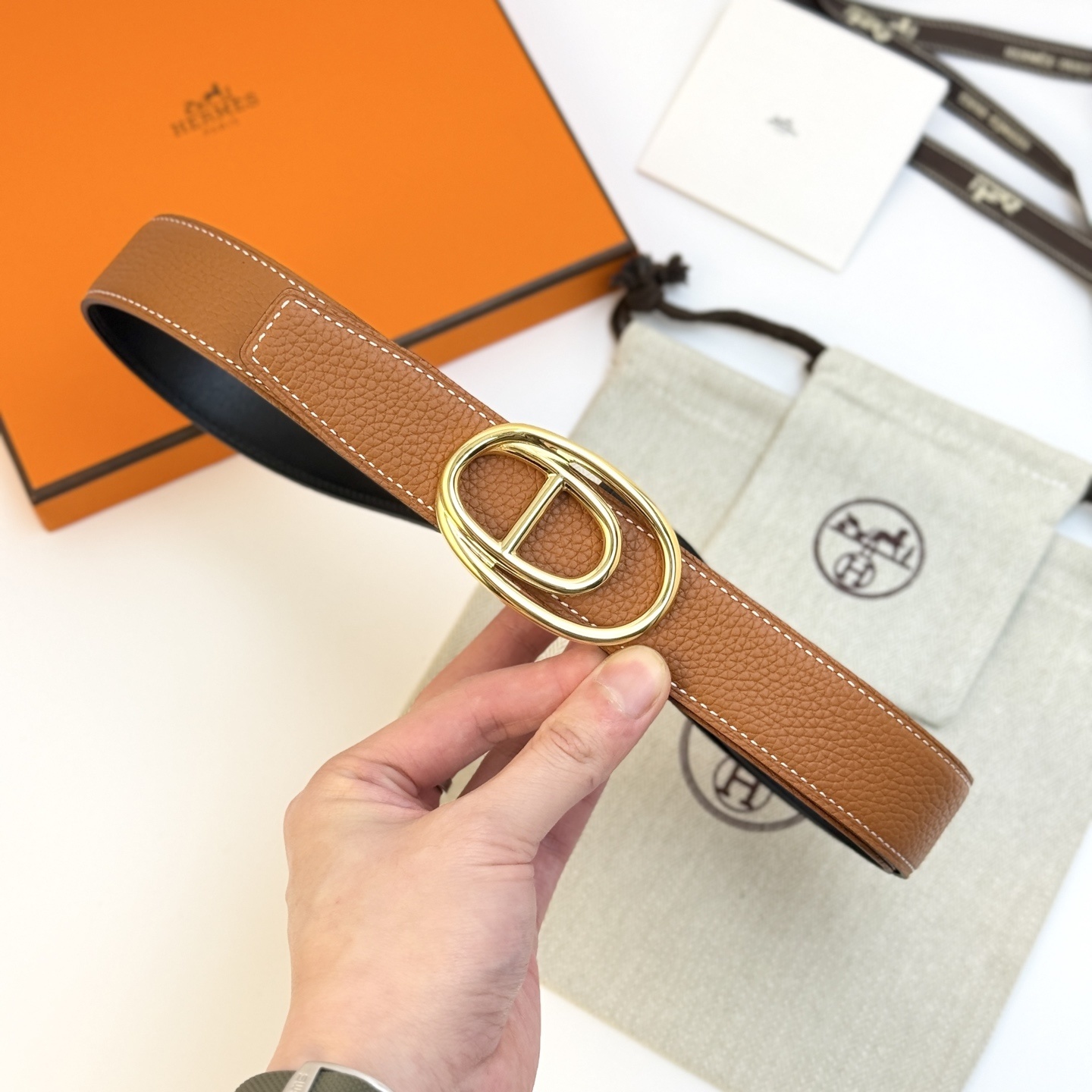 Hermès 32mm Odyssée Reversible Leather Belt with Permabrass Buckle