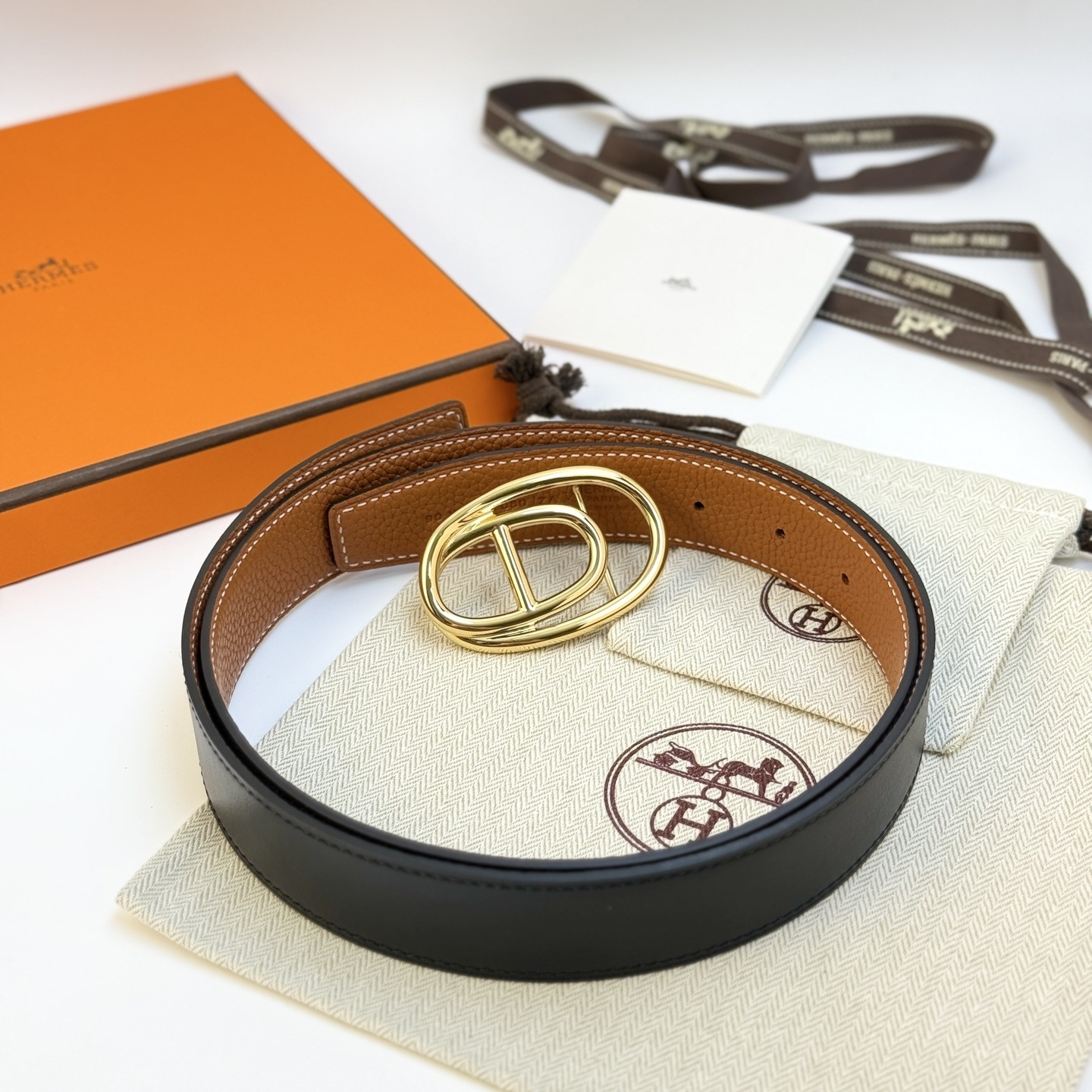Hermès 32mm Odyssée Reversible Leather Belt with Permabrass Buckle