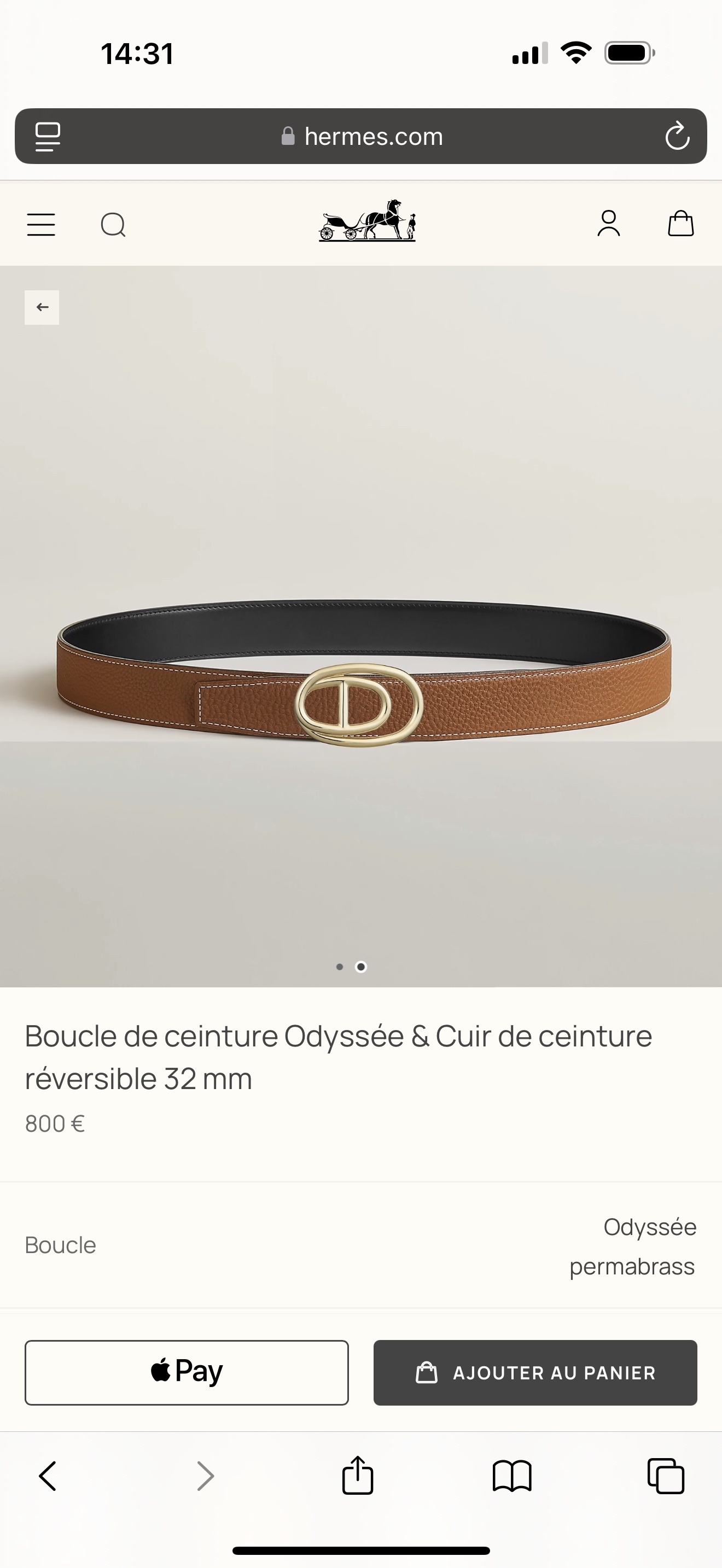 Hermès 32mm Odyssée Reversible Leather Belt with Permabrass Buckle
