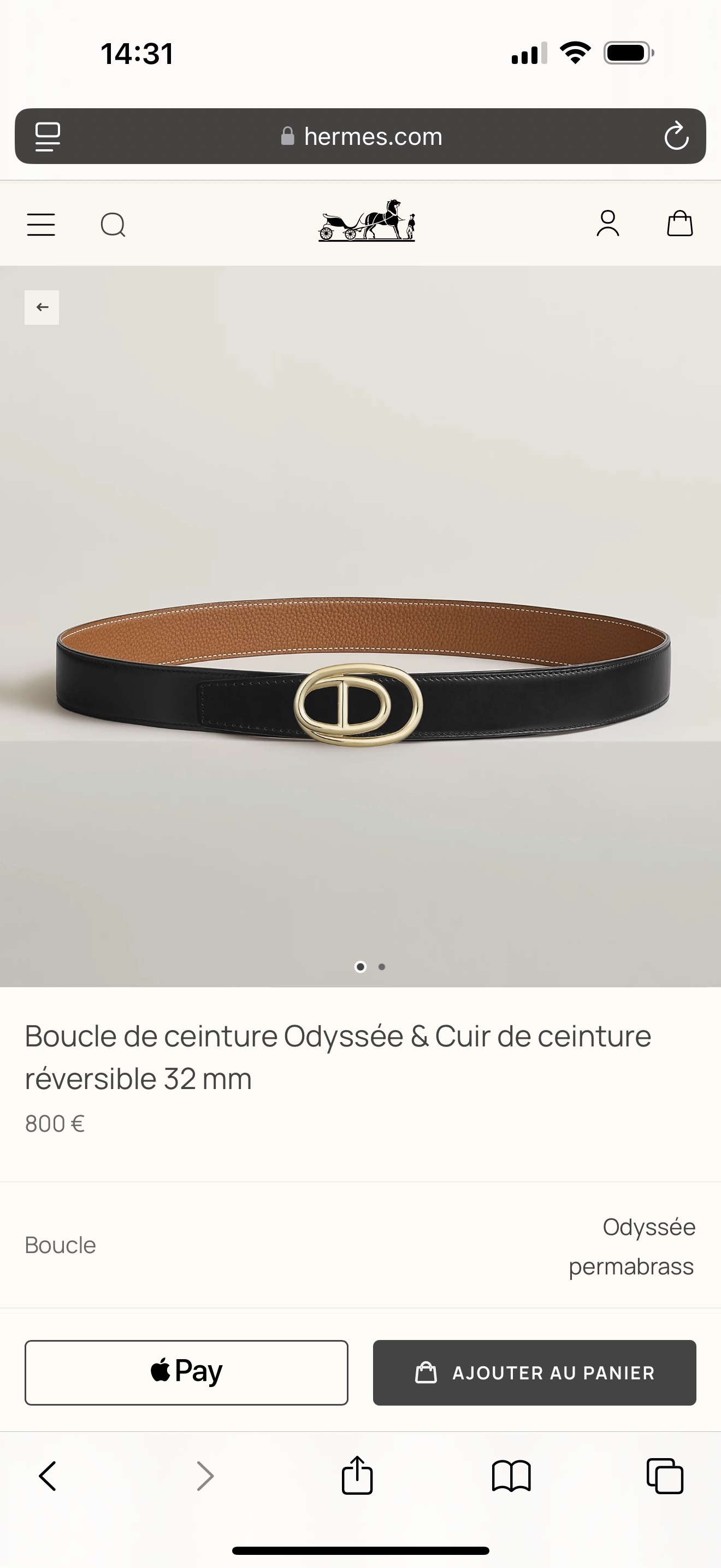 Hermès 32mm Odyssée Reversible Leather Belt with Permabrass Buckle