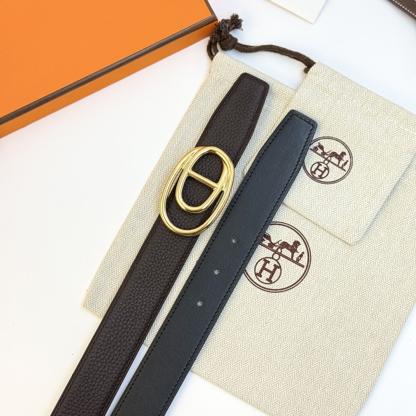 Hermès Odyssée Reversible Leather Belt 32mm Gold Buckle