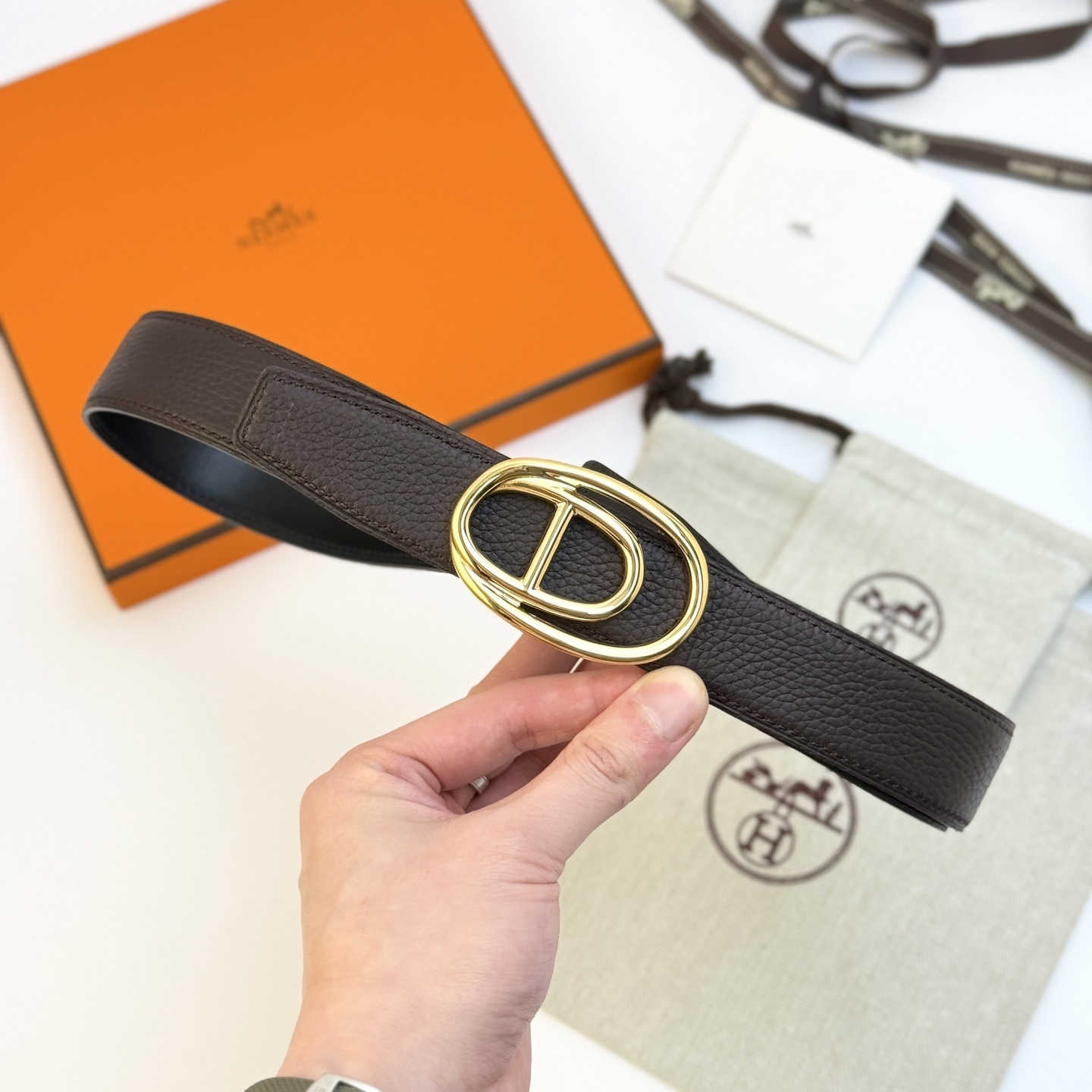 Hermès Odyssée Reversible Leather Belt 32mm Gold Buckle