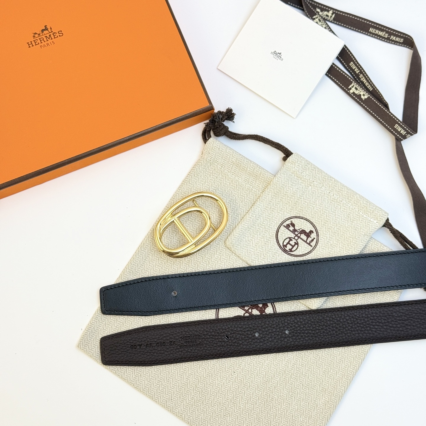 Hermès Odyssée Reversible Leather Belt 32mm Gold Buckle