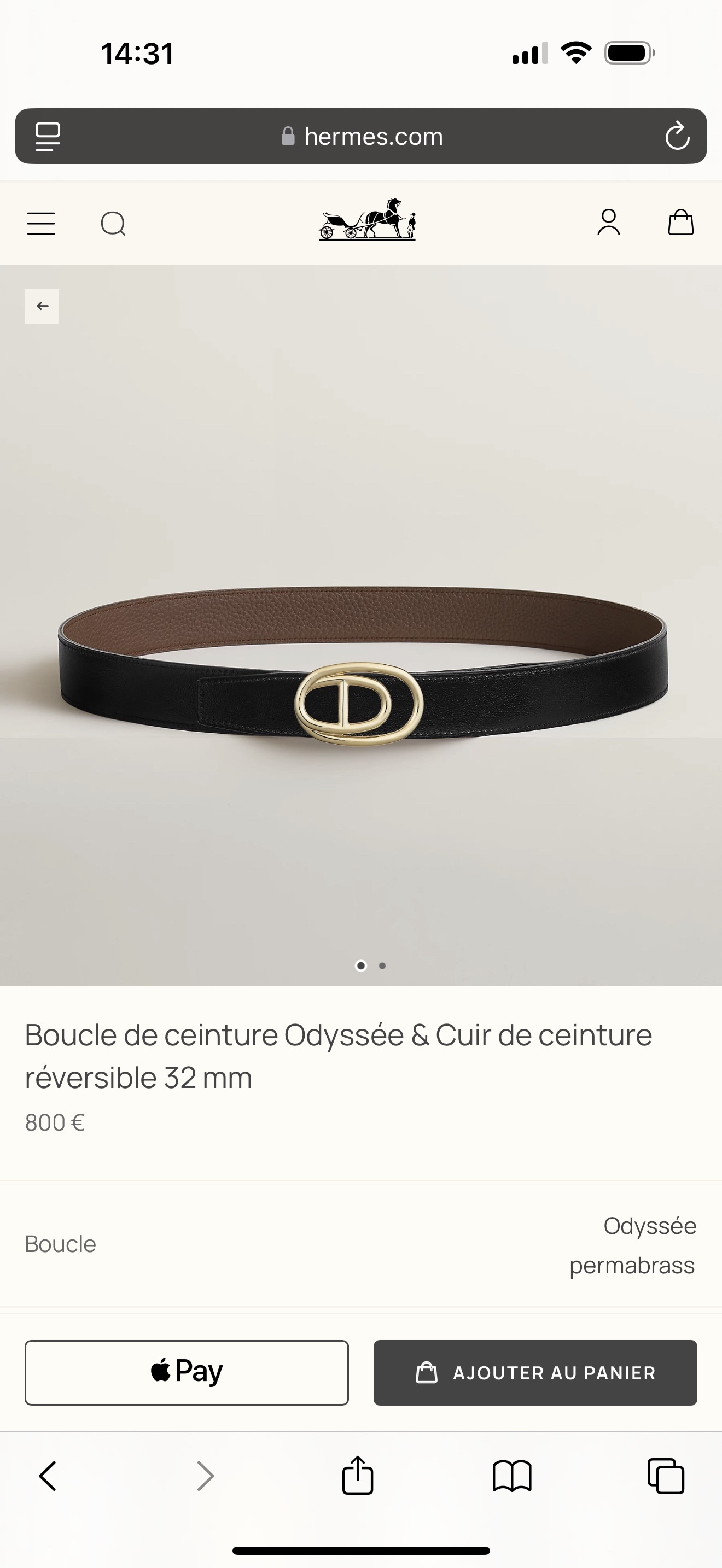 Hermès Odyssée Reversible Leather Belt 32mm Gold Buckle