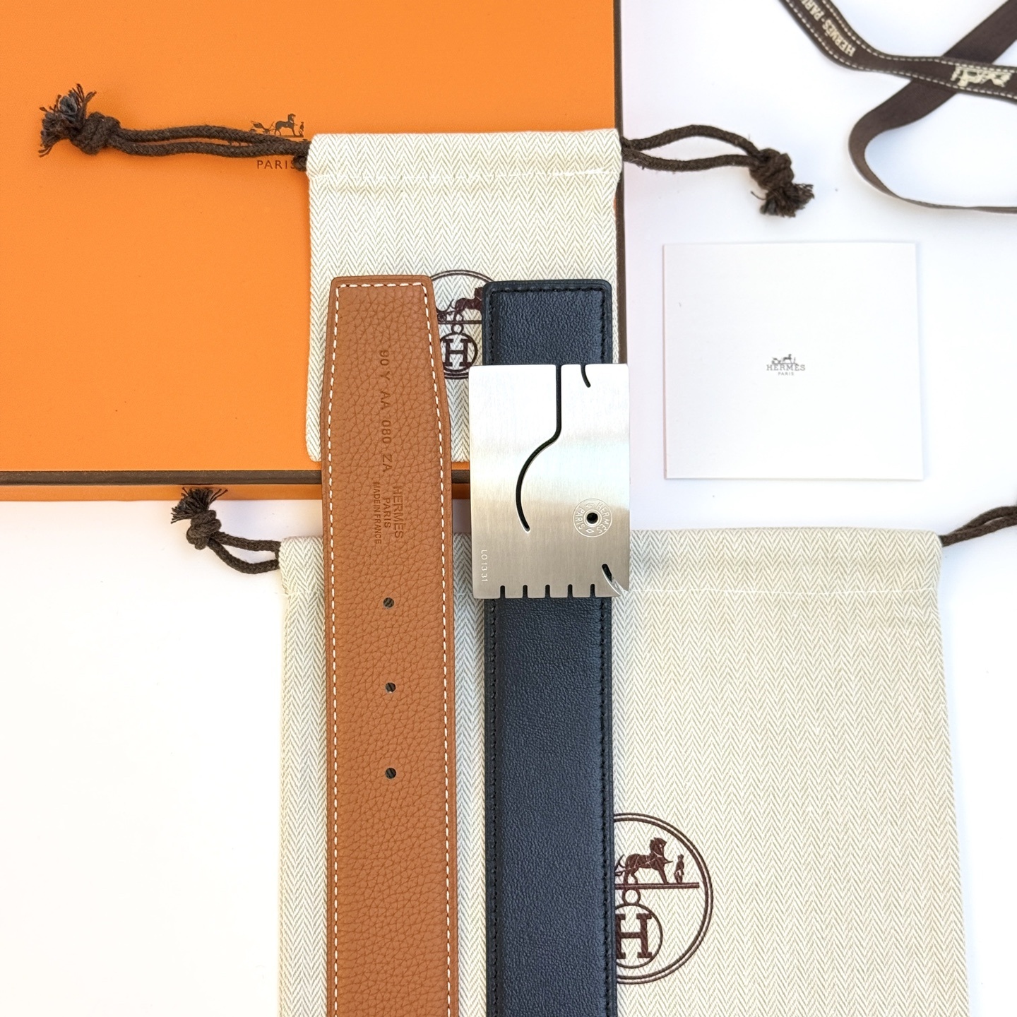 Hermès Reversible Leather Belt - Black/Tan with Brushed Silver Buckle