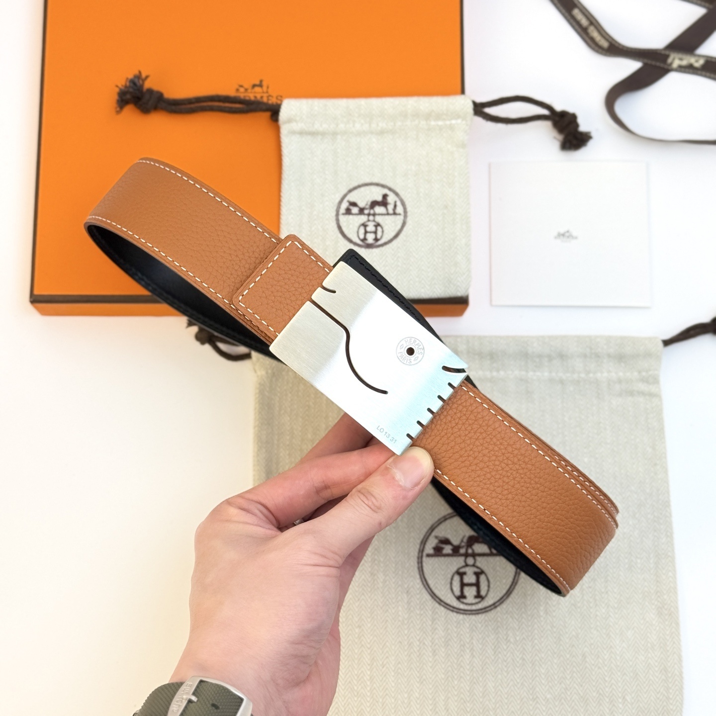 Hermès Reversible Leather Belt - Black/Tan with Brushed Silver Buckle