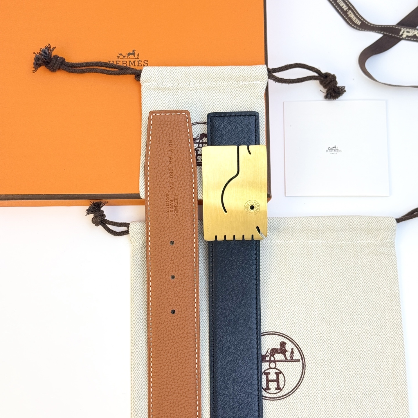 Hermès Reversible Leather Belt with Gold Buckle - Black/Brown