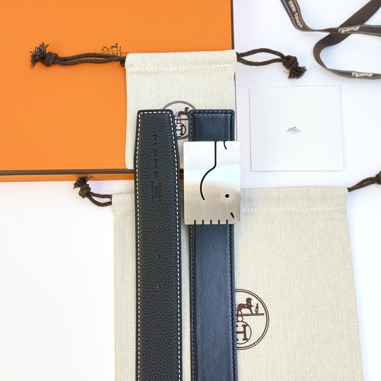 Hermes Men's Black Leather Belt with Brushed Silver Smile Buckle