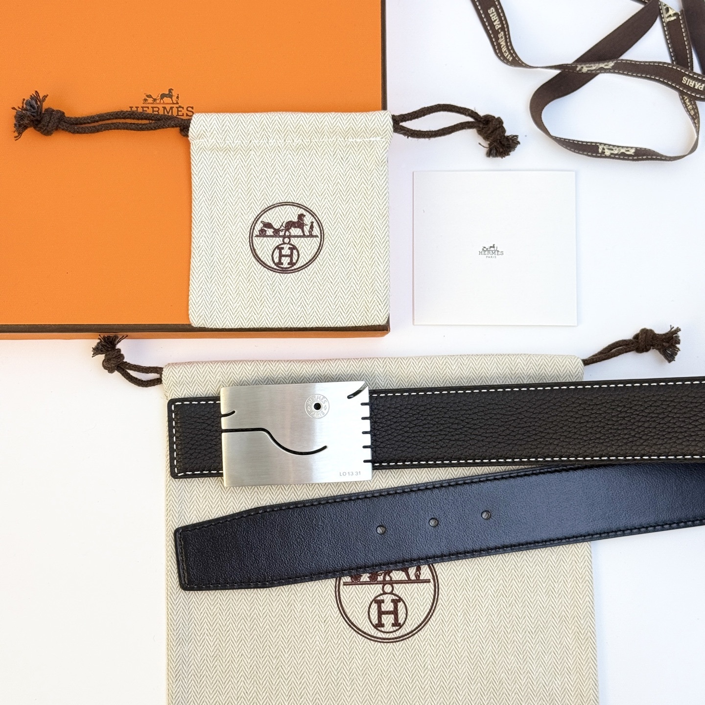 Hermes Men's Black Leather Belt with Brushed Silver Smile Buckle