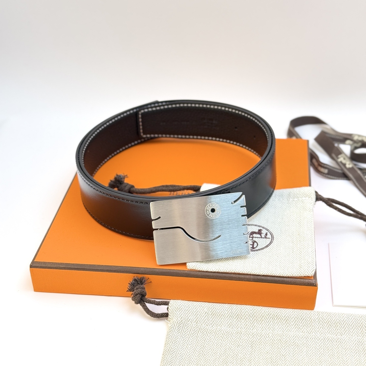 Hermes Men’s Black Leather Belt with Brushed Silver Smile Buckle