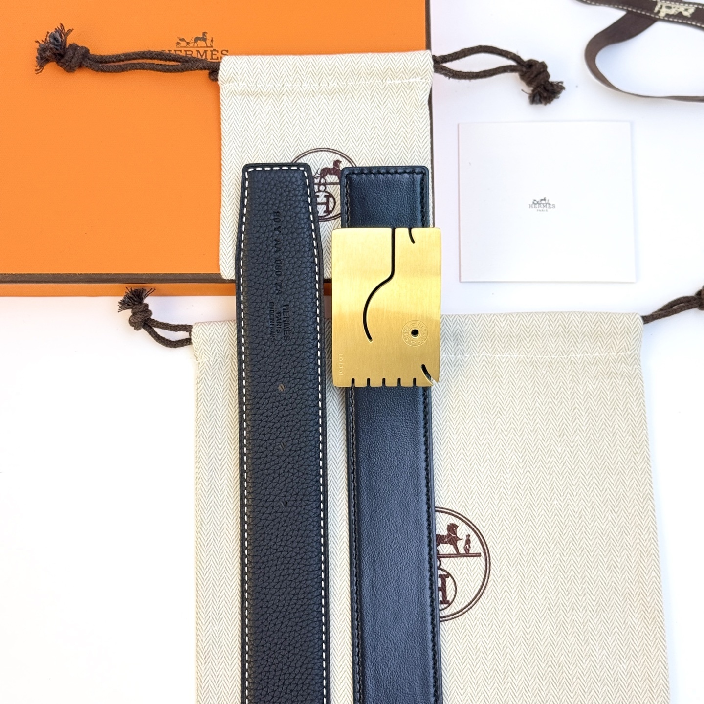 Hermès Men's Black Leather Belt with Unique Brushed Gold Buckle