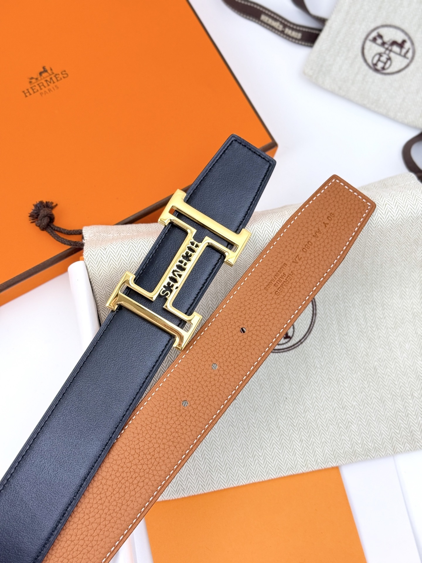 Hermes Reversible Leather Belt - Gold H Buckle - Tan & Dark Brown