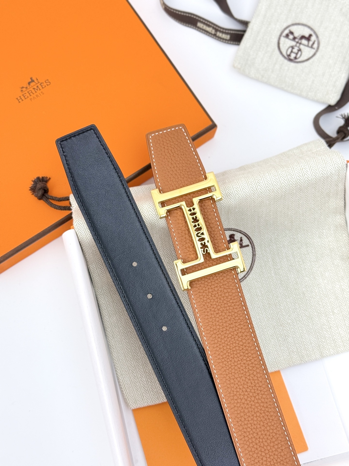 Hermes Reversible Leather Belt - Gold H Buckle - Tan & Dark Brown