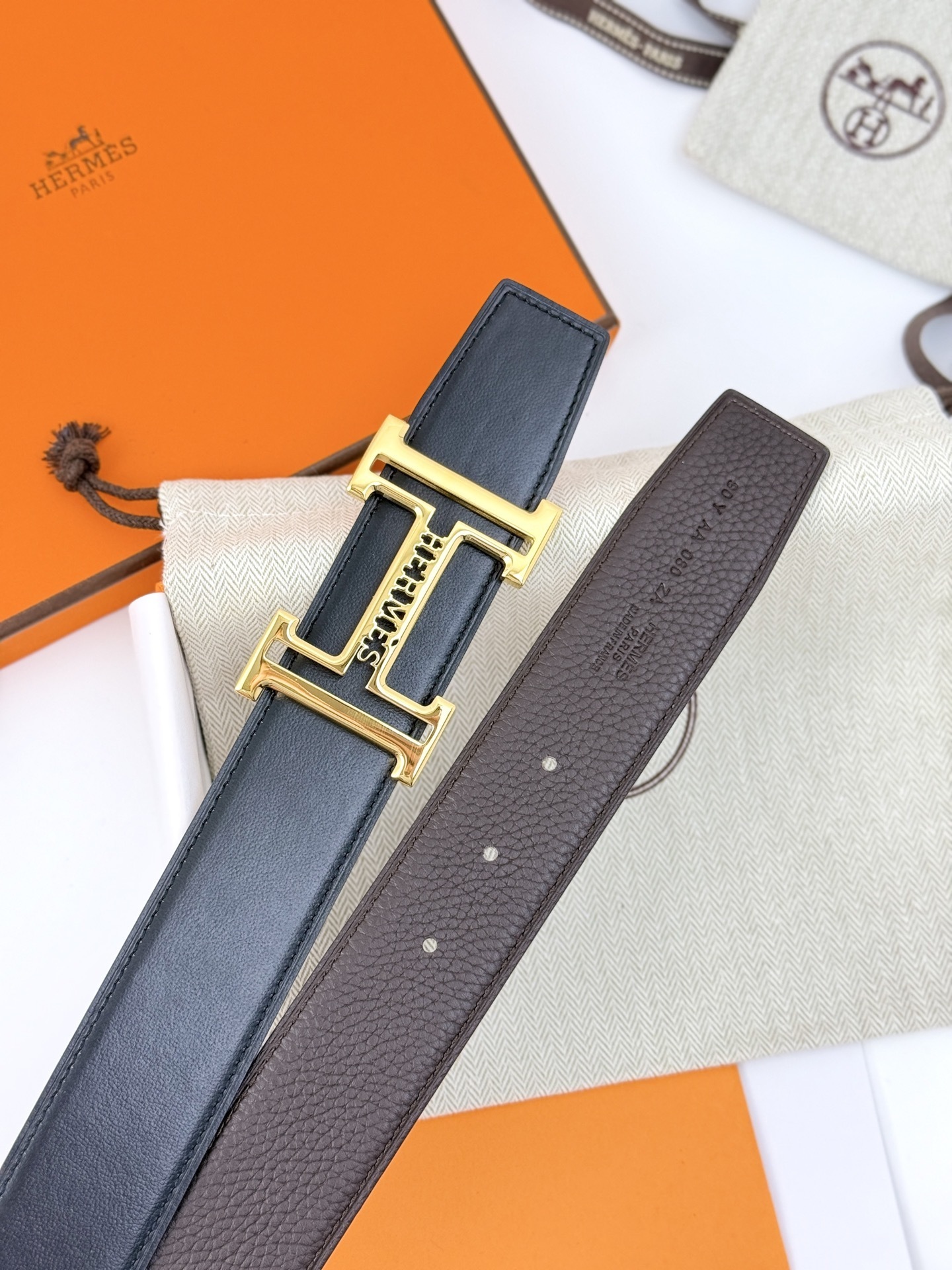 Hermès Reversible Leather Belt with Gold-Tone H Buckle