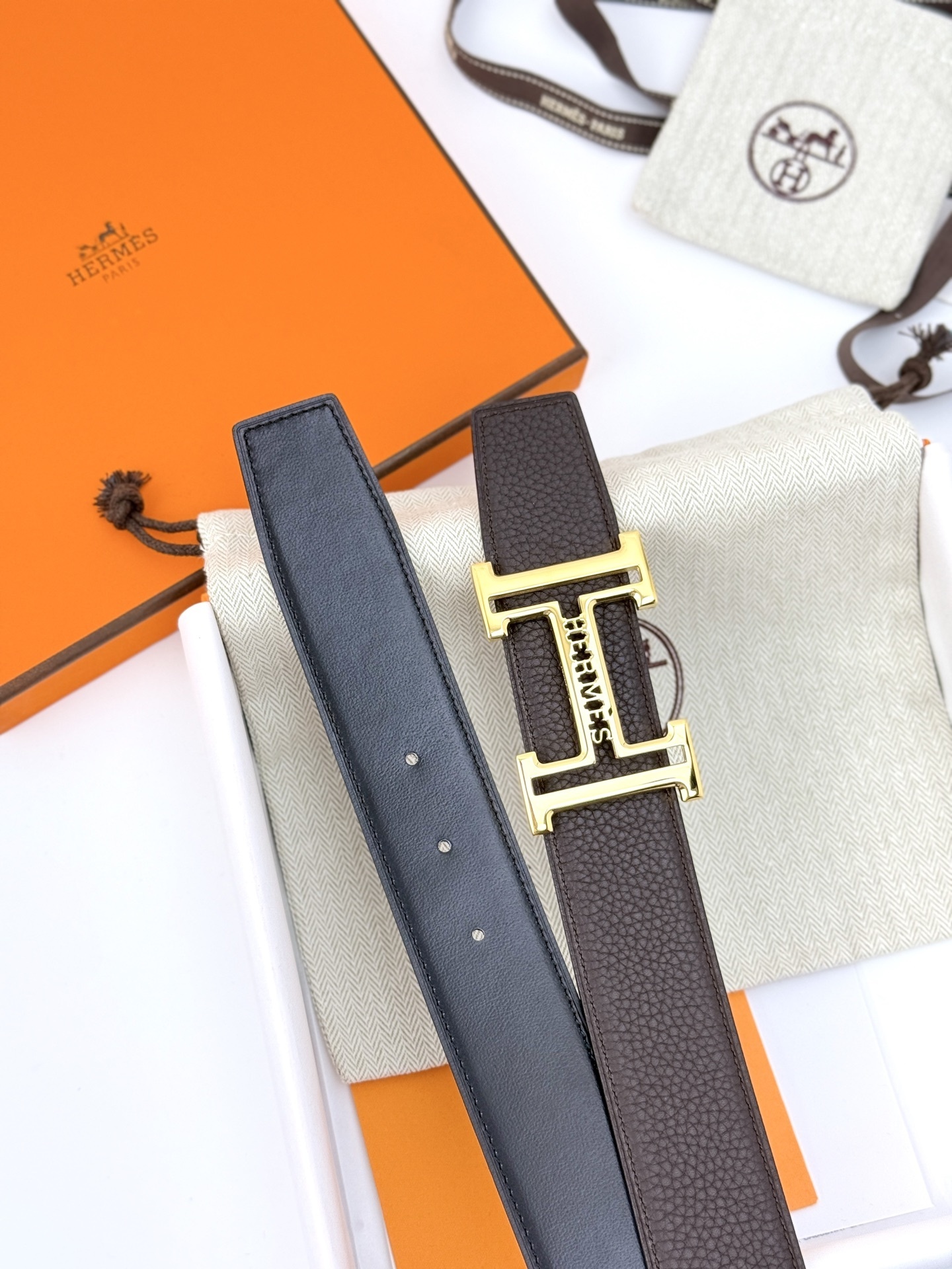 Hermès Reversible Leather Belt with Gold-Tone H Buckle