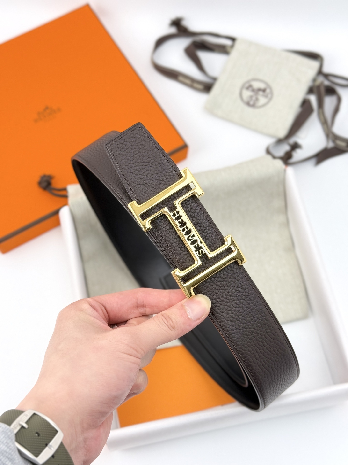 Hermès Reversible Leather Belt with Gold-Tone H Buckle