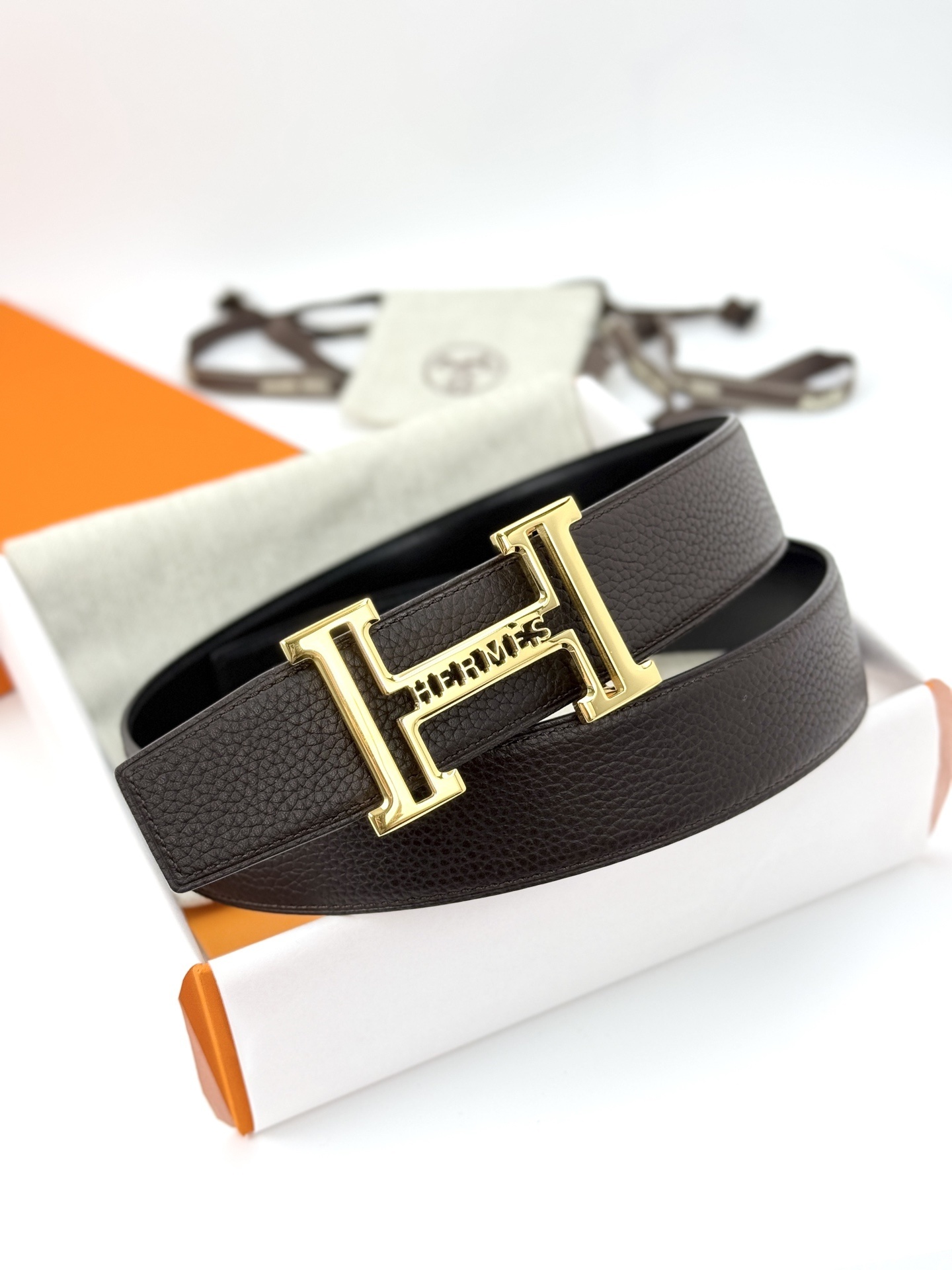 Hermès Reversible Leather Belt with Gold-Tone H Buckle