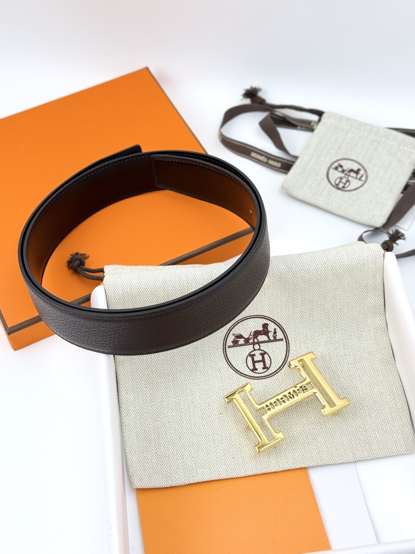Hermès Reversible Leather Belt with Gold-Tone H Buckle