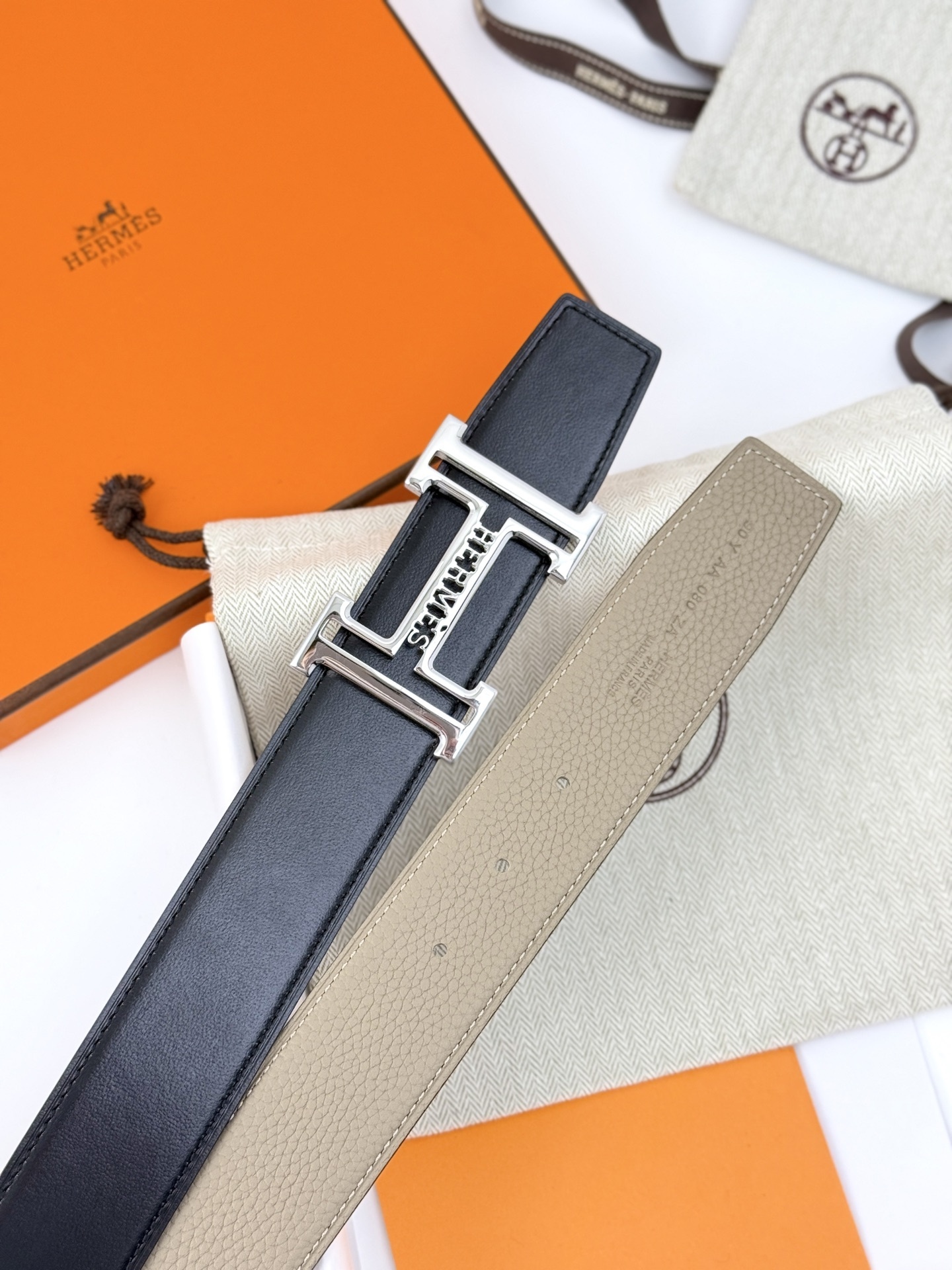 Hermes Reversible Leather H Belt with Silver Buckle