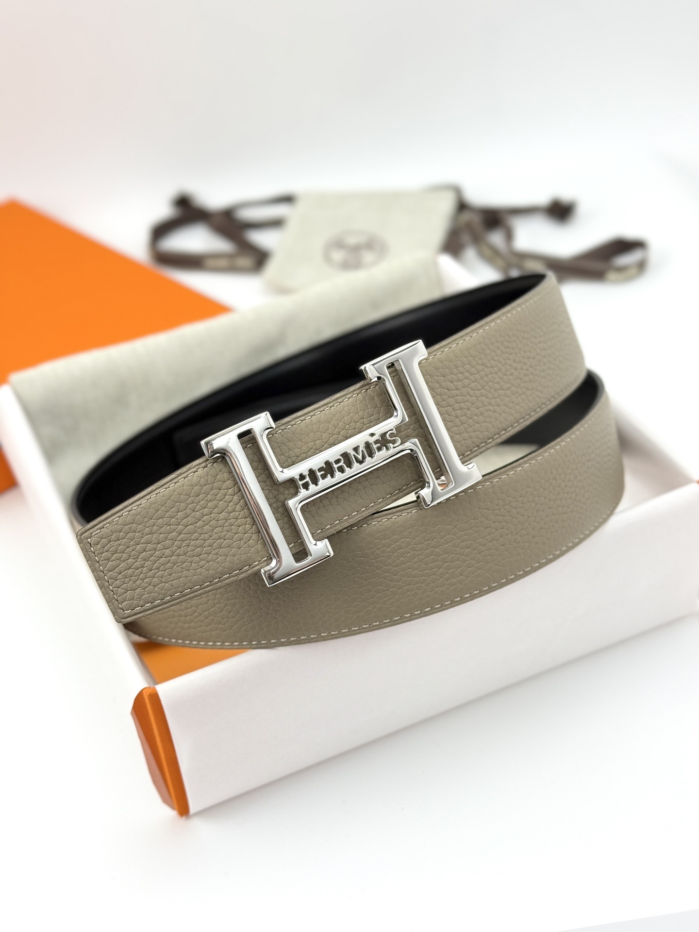 Hermes Reversible Leather H Belt with Silver Buckle