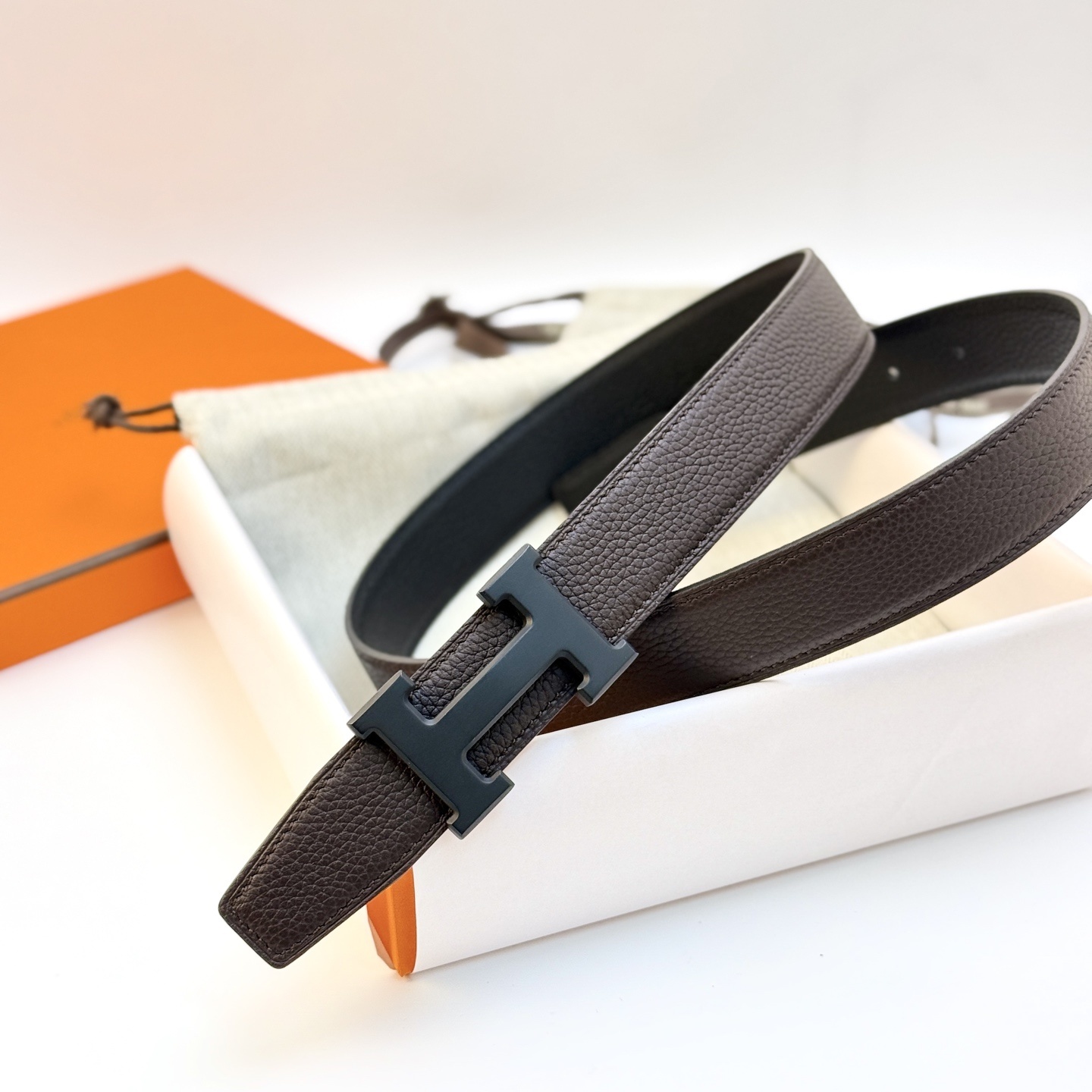 Hermes Reversible Leather Belt with Matte Black H Buckle