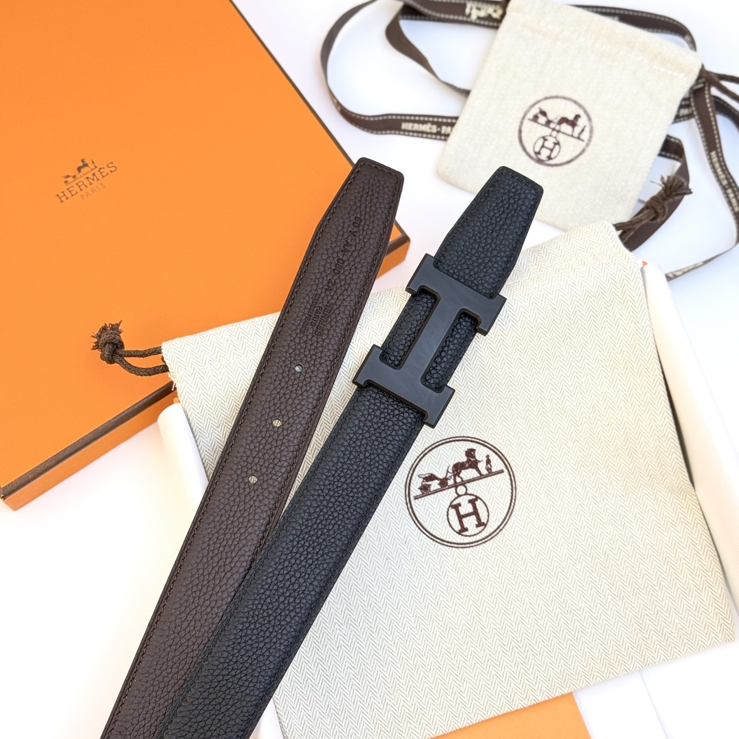 Hermes Reversible Leather Belt with Matte Black H Buckle