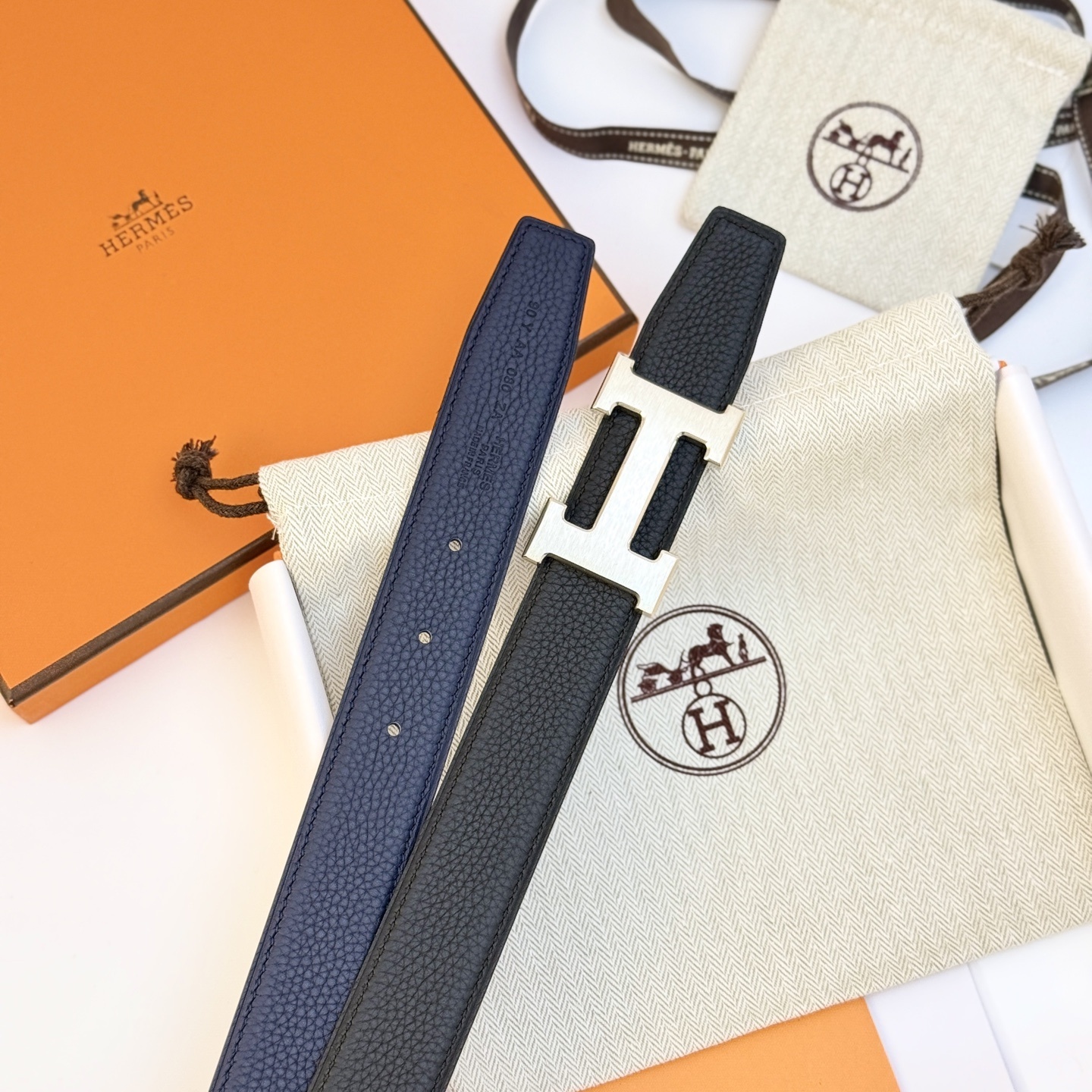 Hermes Reversible Leather Belt with Brushed Silver H Buckle