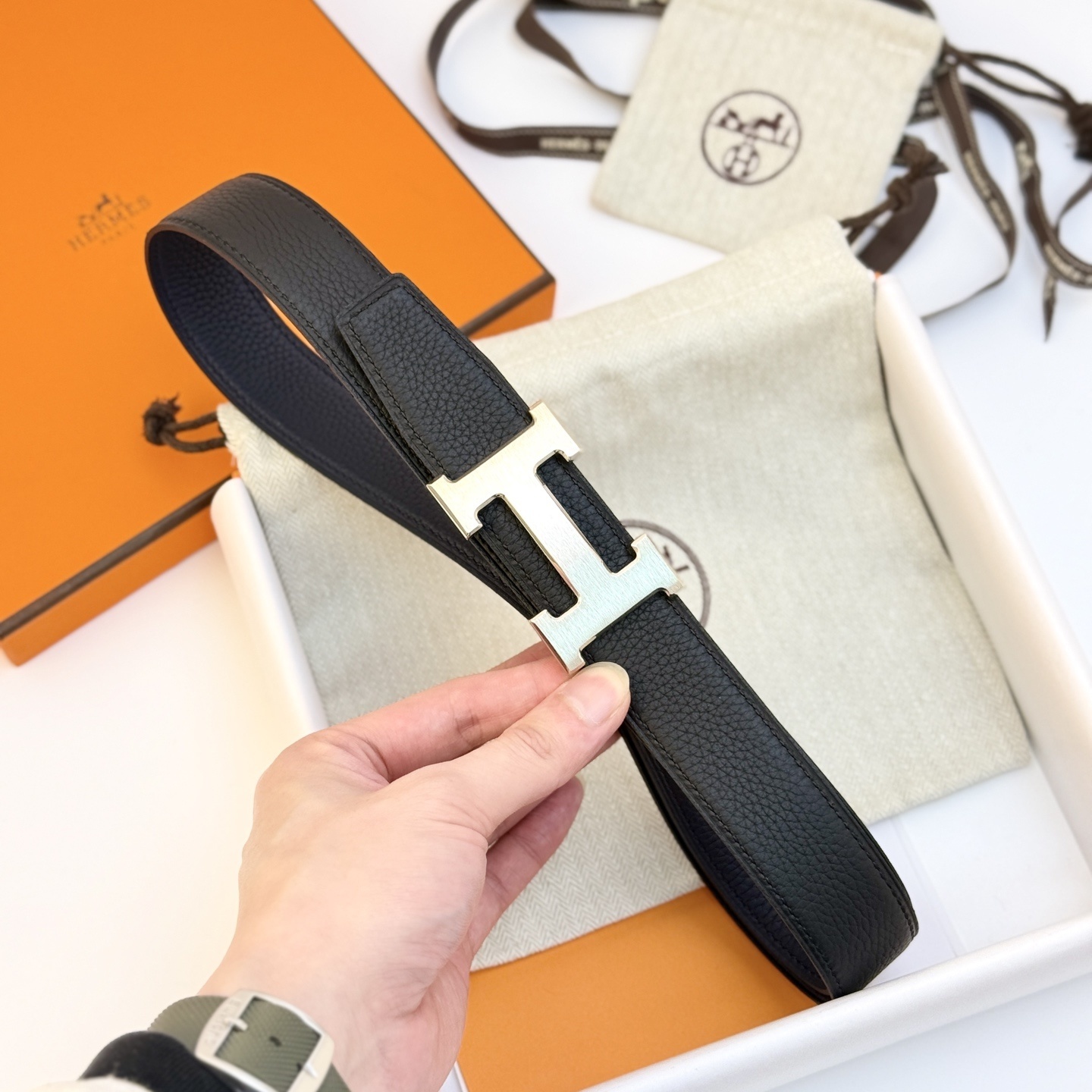 Hermes Reversible Leather Belt with Brushed Silver H Buckle