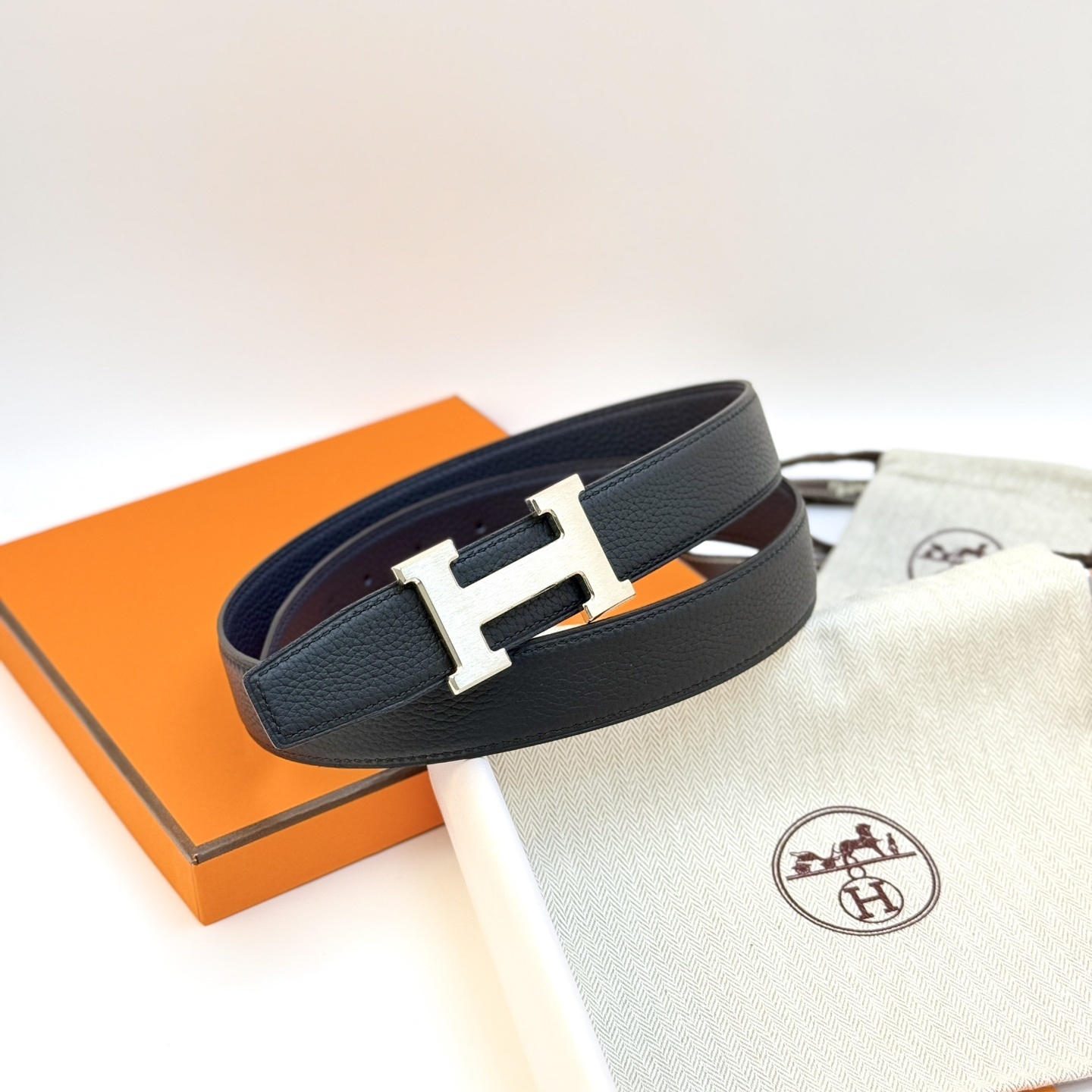 Hermes Reversible Leather Belt with Brushed Silver H Buckle