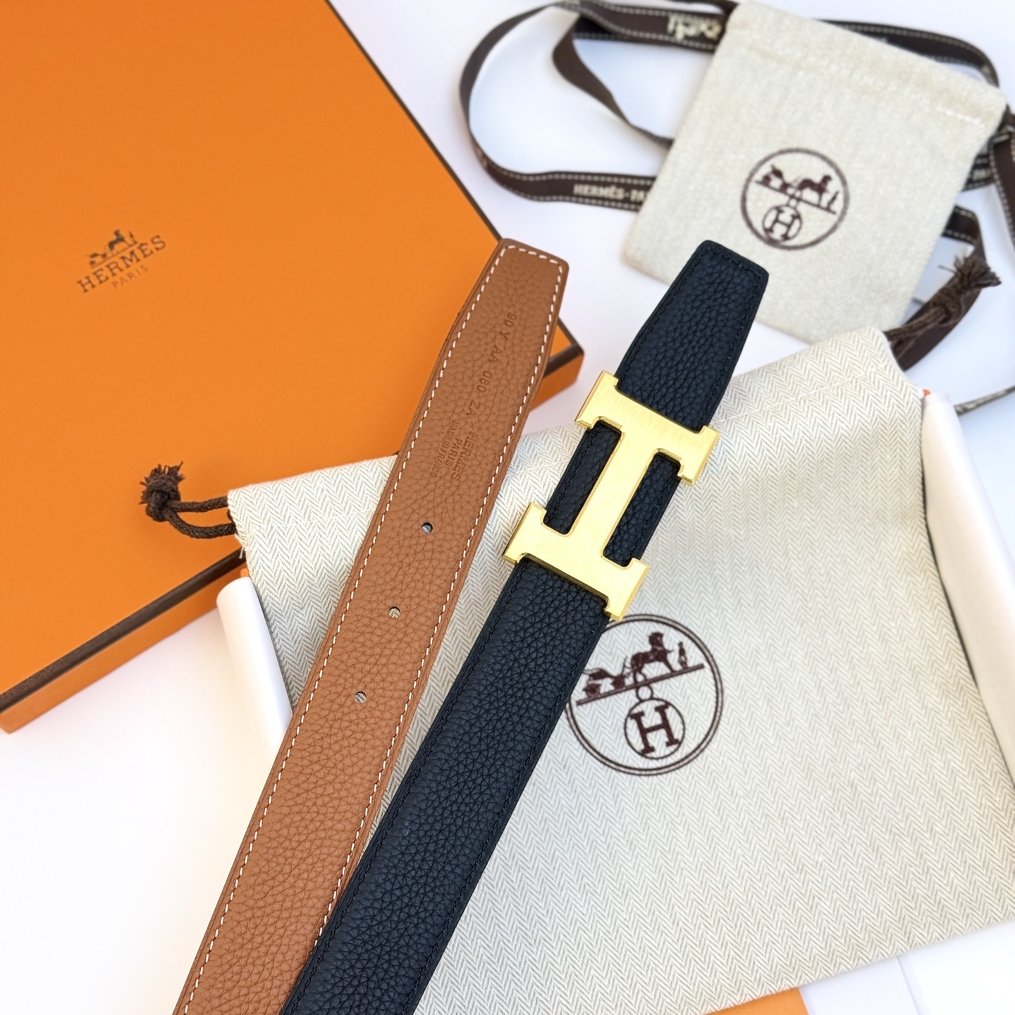 Hermes Reversible H Belt - Black/Gold Leather with Gold Buckle