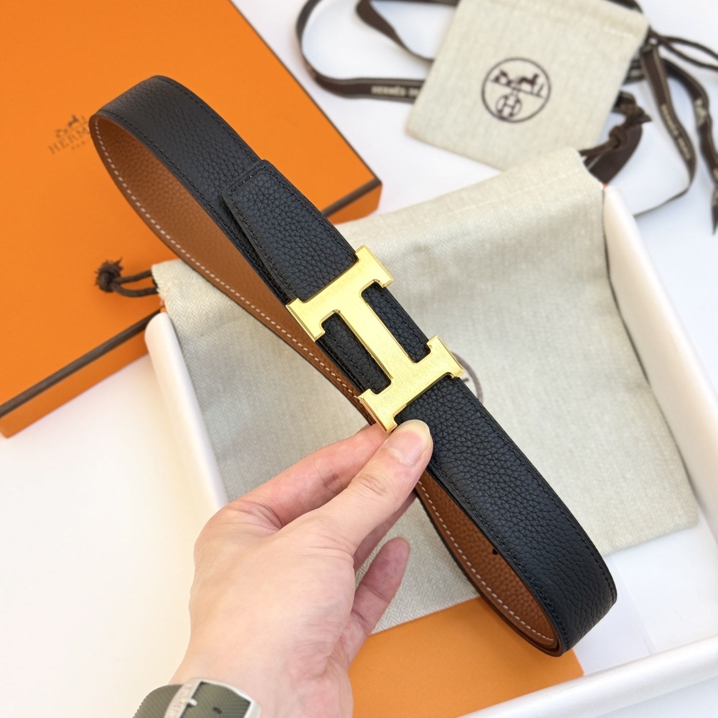 Hermes Reversible H Belt - Black/Gold Leather with Gold Buckle