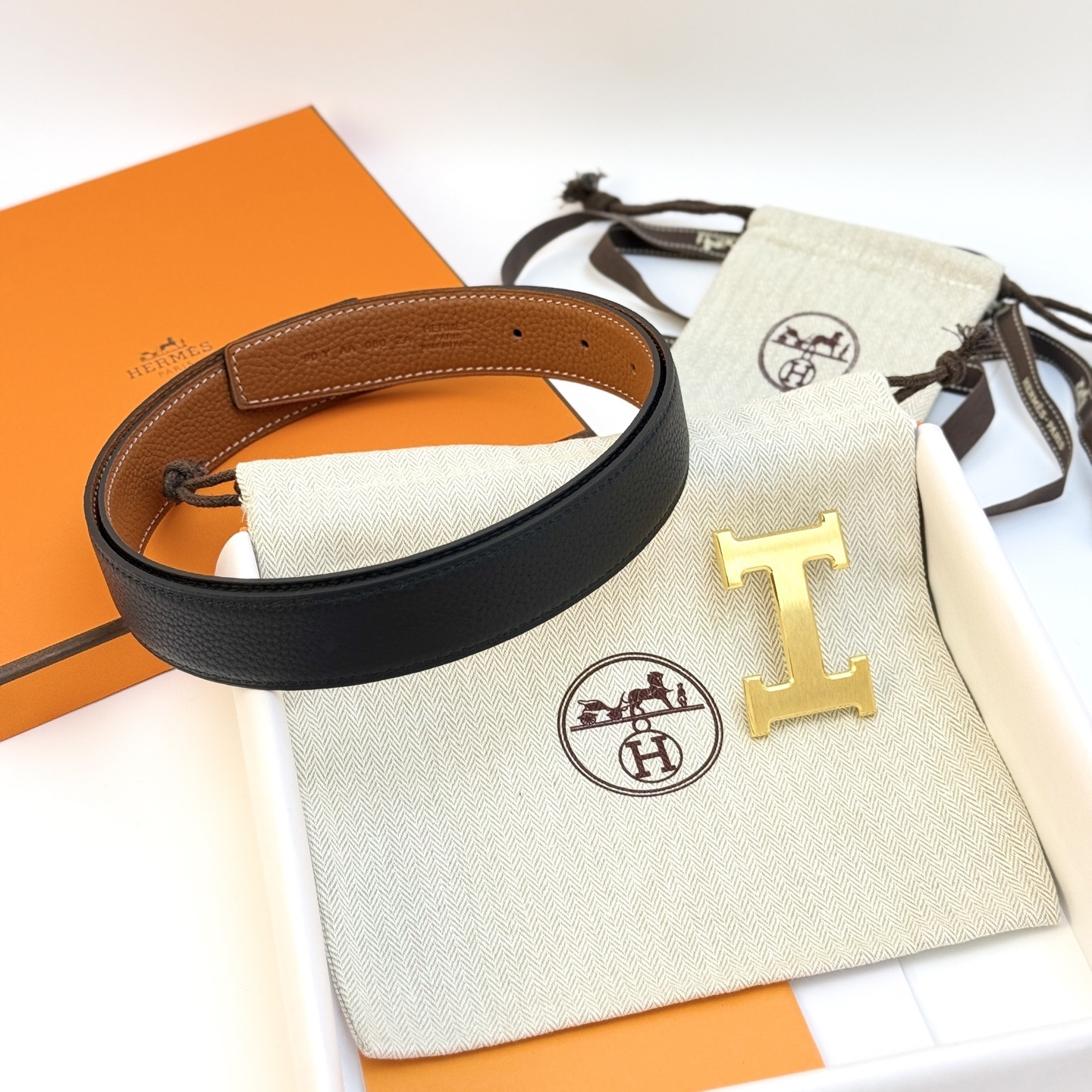 Hermes Reversible H Belt – Black/Gold Leather with Gold Buckle