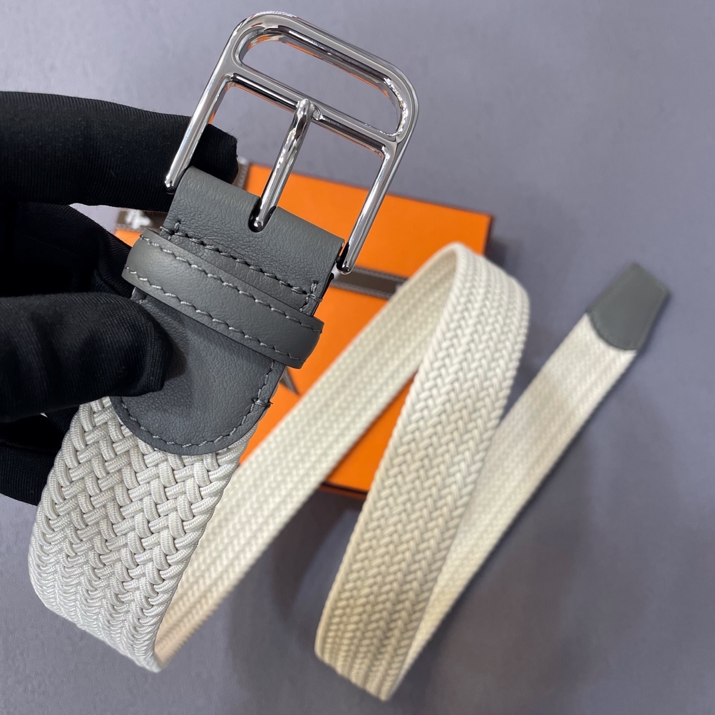 Hermès Men's Braided Woven Belt with Silver Buckle - Cream