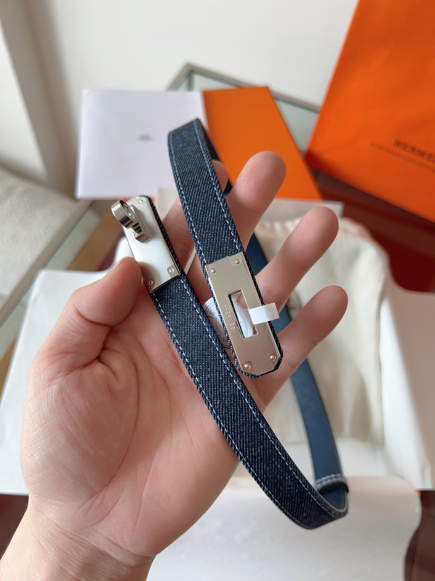 Hermes Kelly Belt in Blue Denim with Silver Hardware