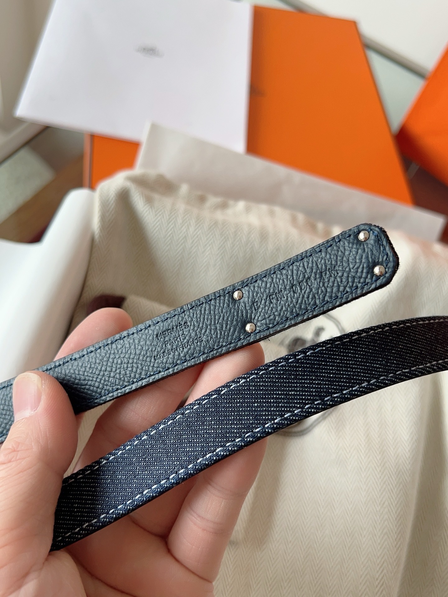 Hermes Kelly Belt in Blue Denim with Silver Hardware