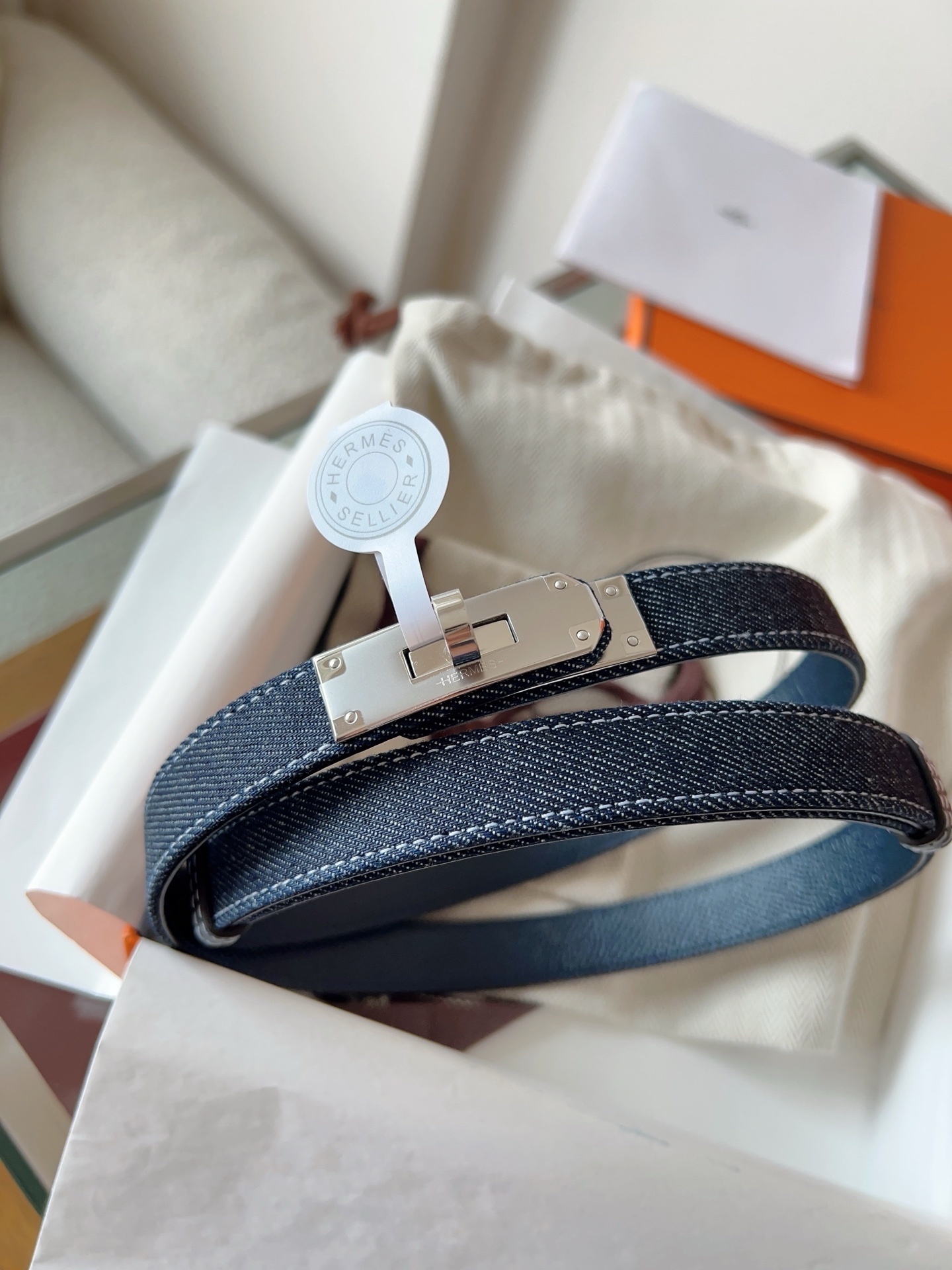 Hermes Kelly Belt in Blue Denim with Silver Hardware