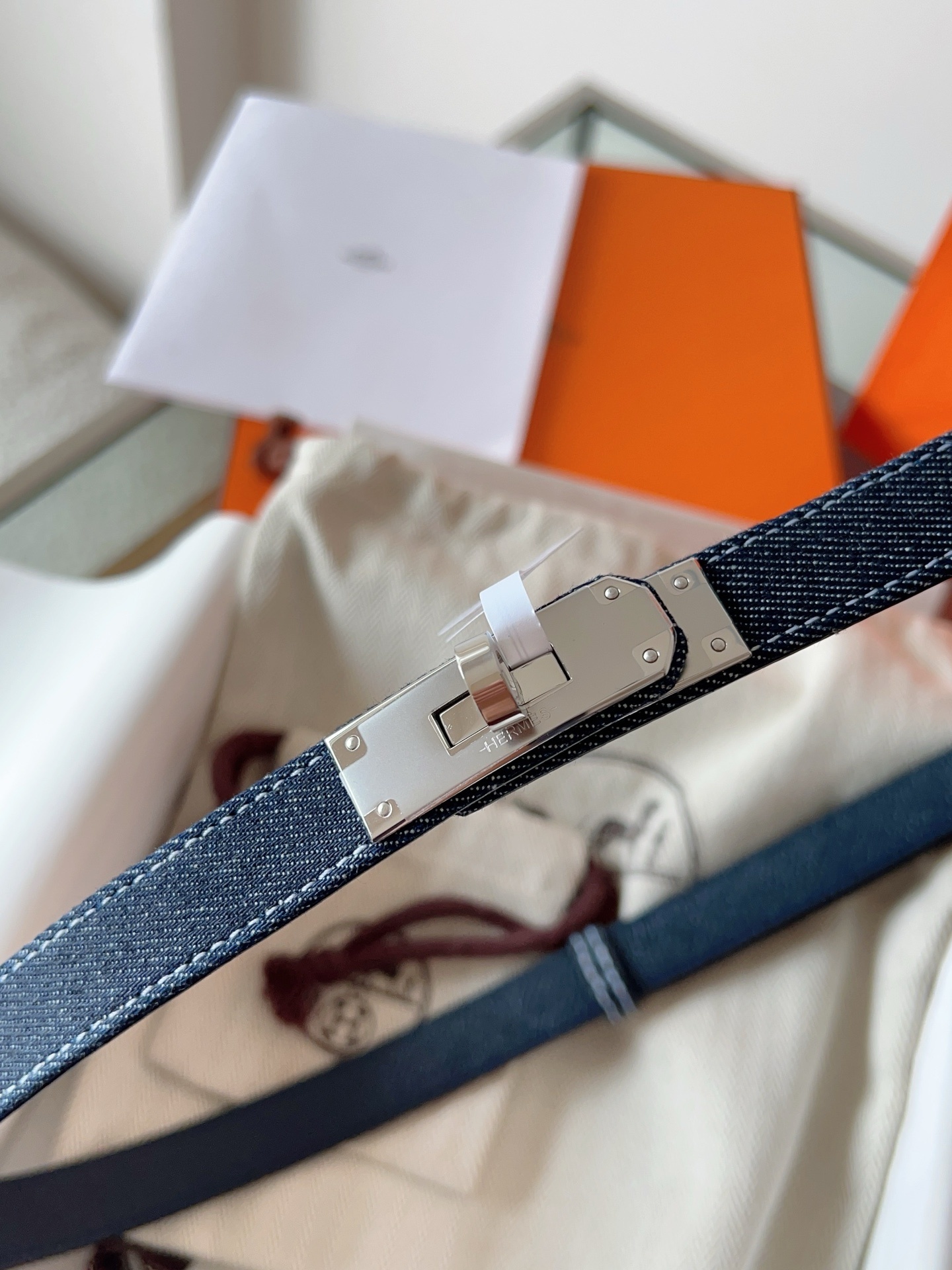 Hermes Kelly Belt in Blue Denim with Silver Hardware