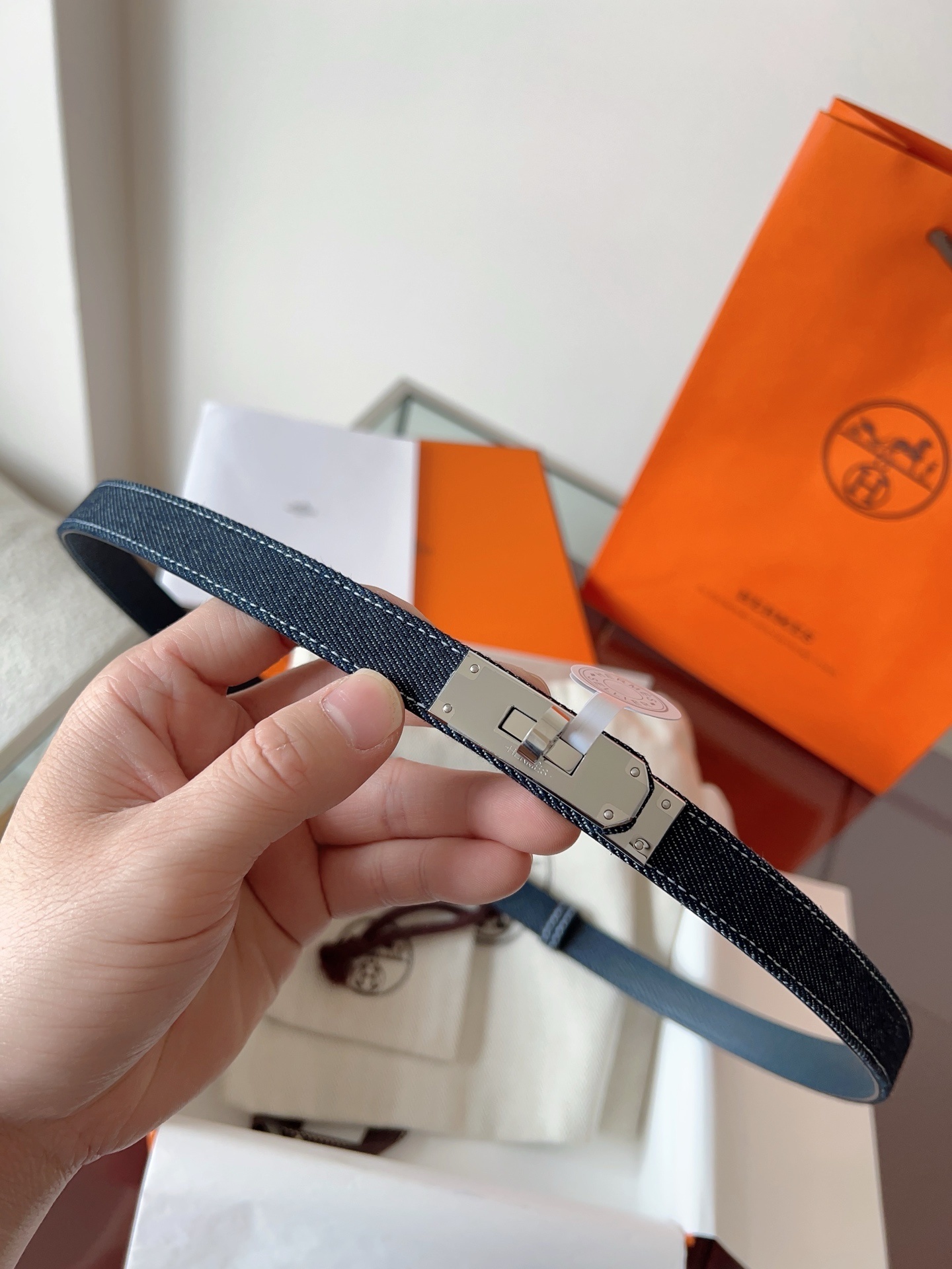 Hermes Kelly Belt in Blue Denim with Silver Hardware