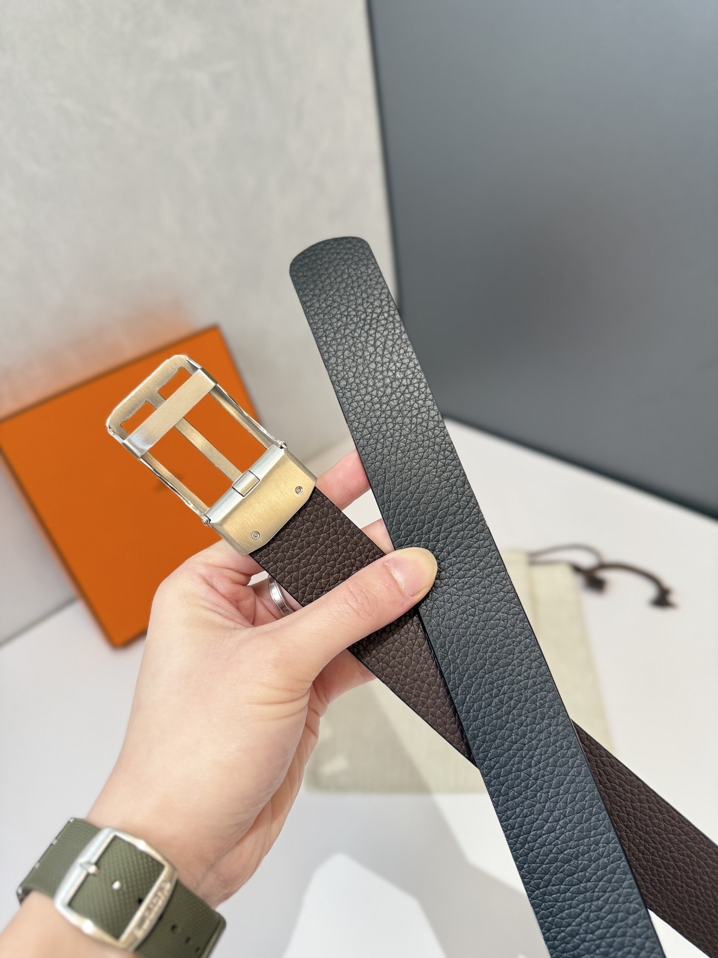 Premium Black Grained Leather Belt with Silver Frame Buckle