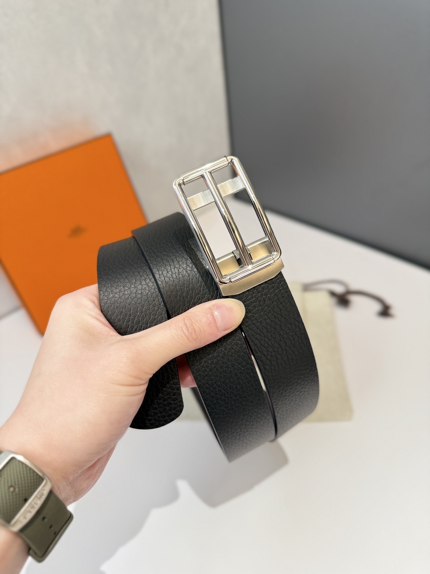 Premium Black Grained Leather Belt with Silver Frame Buckle