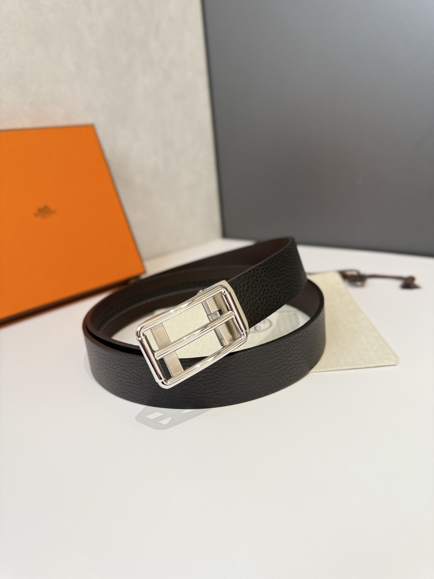 Premium Black Grained Leather Belt with Silver Frame Buckle
