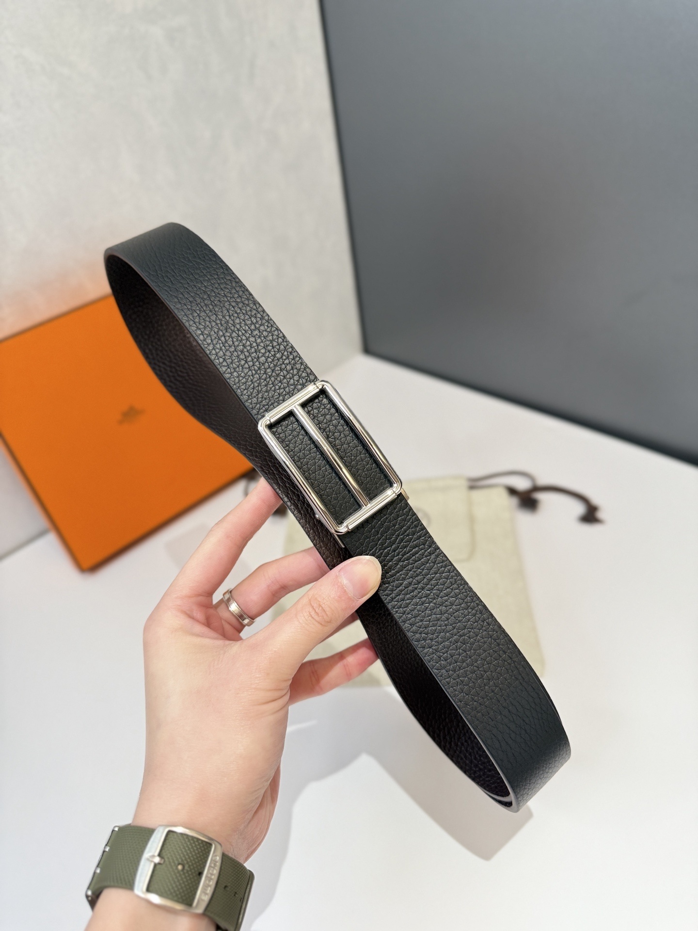 Premium Black Grained Leather Belt with Silver Frame Buckle