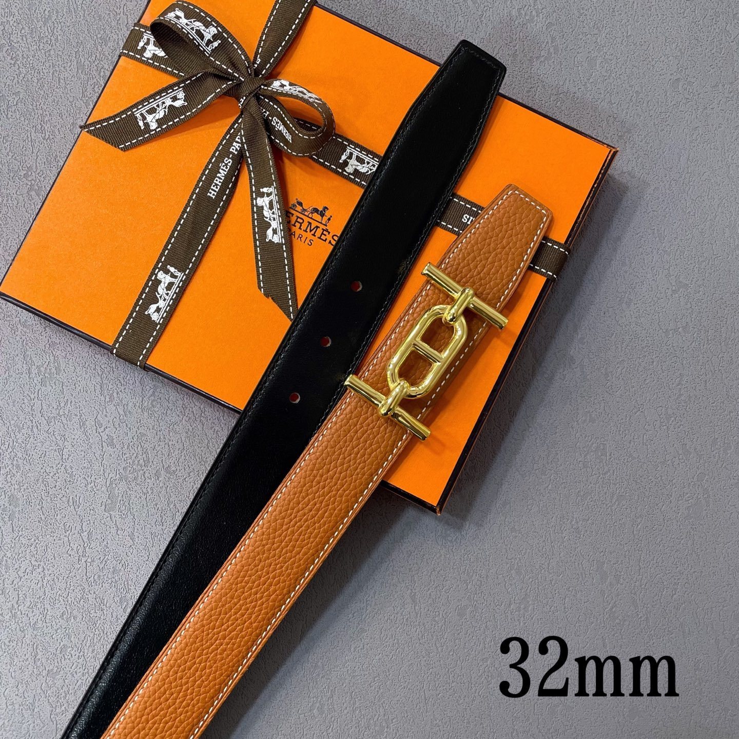 Premium Orange Leather Belt with Gold-Tone Link Buckle - Luxury Gift