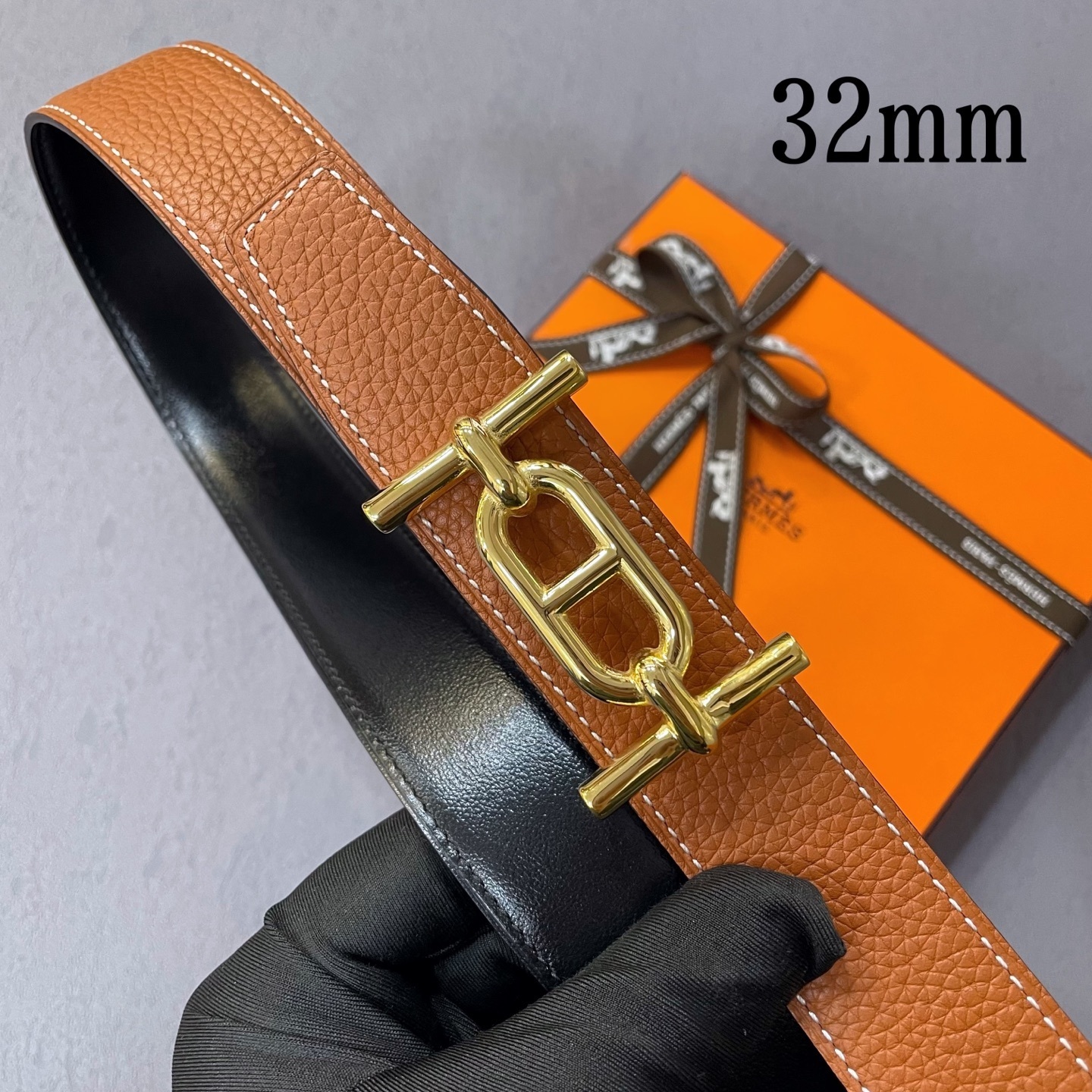 Premium Orange Leather Belt with Gold-Tone Link Buckle - Luxury Gift