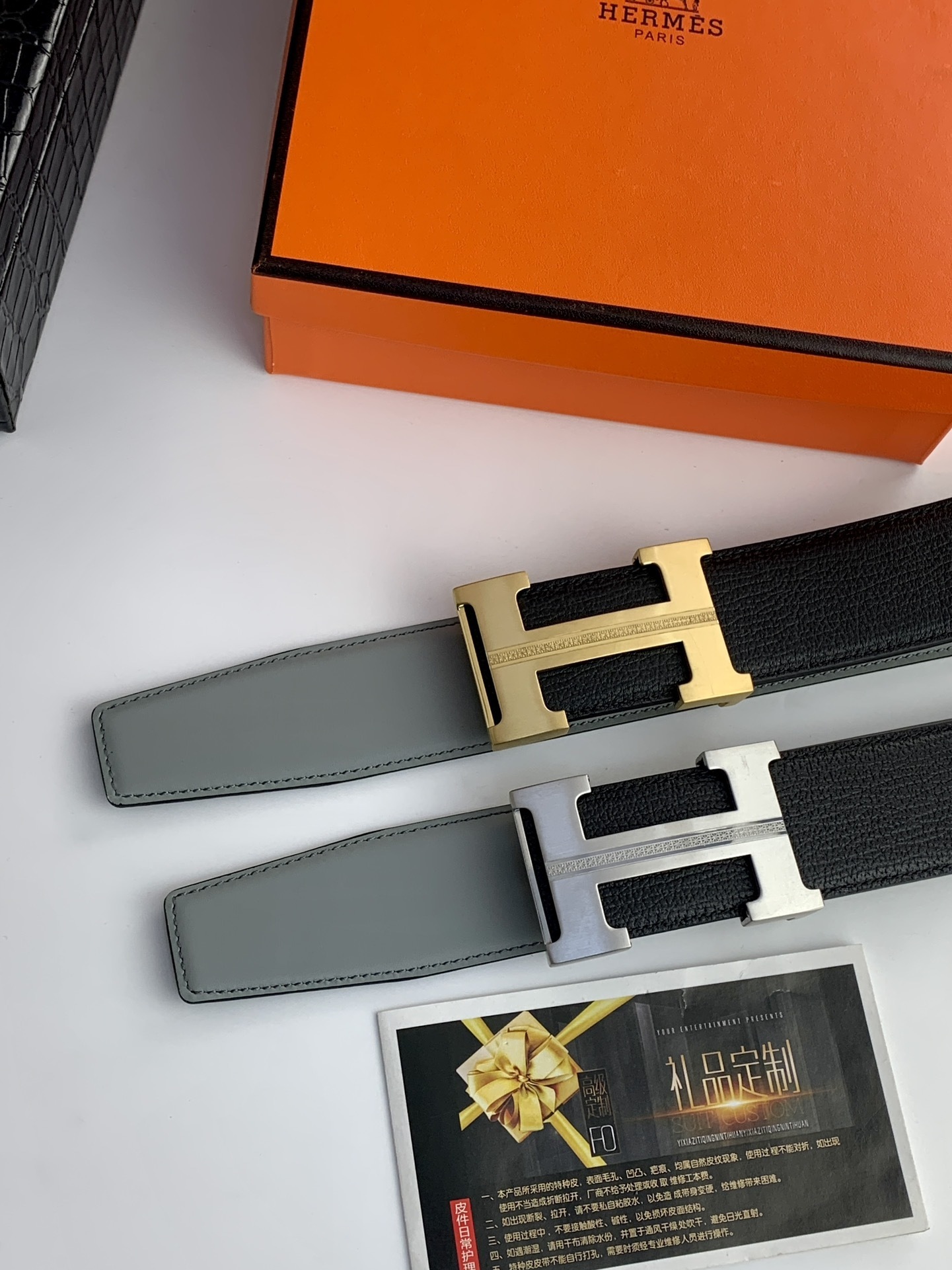 Luxury Reversible H Buckle Leather Belt – Black & Grey for Men