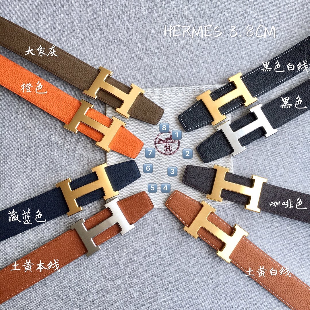 Hermes 3.8cm Togo Leather Reversible Belt with Gold H Buckle