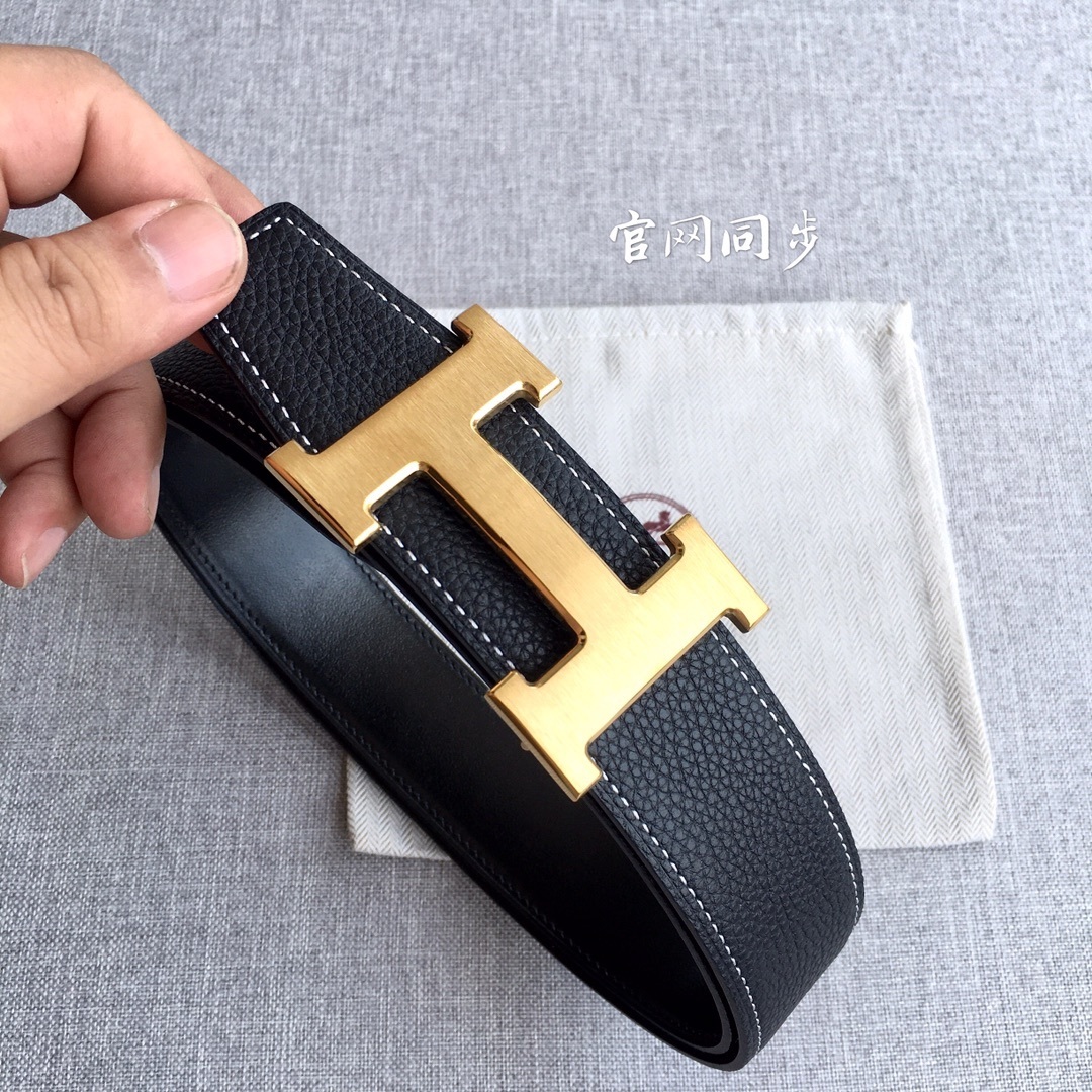Hermes 3.8cm Togo Leather Reversible Belt with Gold H Buckle