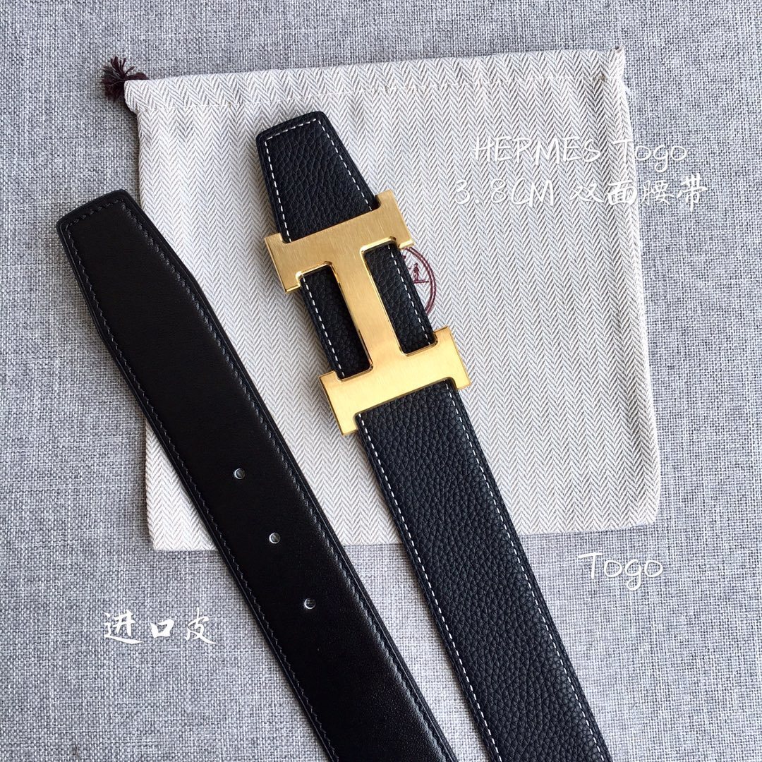 Hermes 3.8cm Togo Leather Reversible Belt with Gold H Buckle